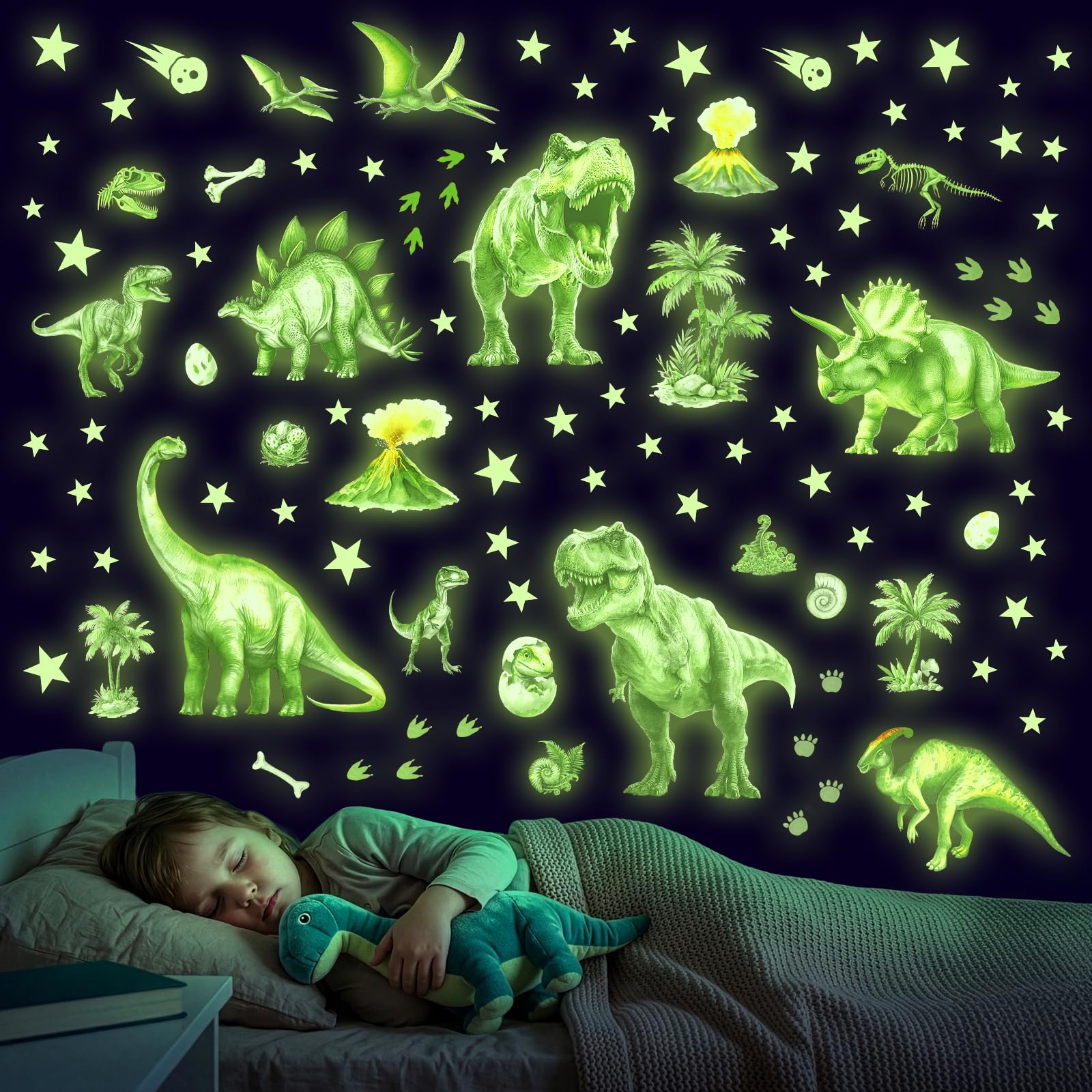 DECOWALL Adesivo da parete con dinosauro luminoso, grande T-Rex luminoso, triceratopo e vulcano, decorazione luminosa del cielo notturno, per cameretta dei bambini e sala giochi (GDS4-7004)