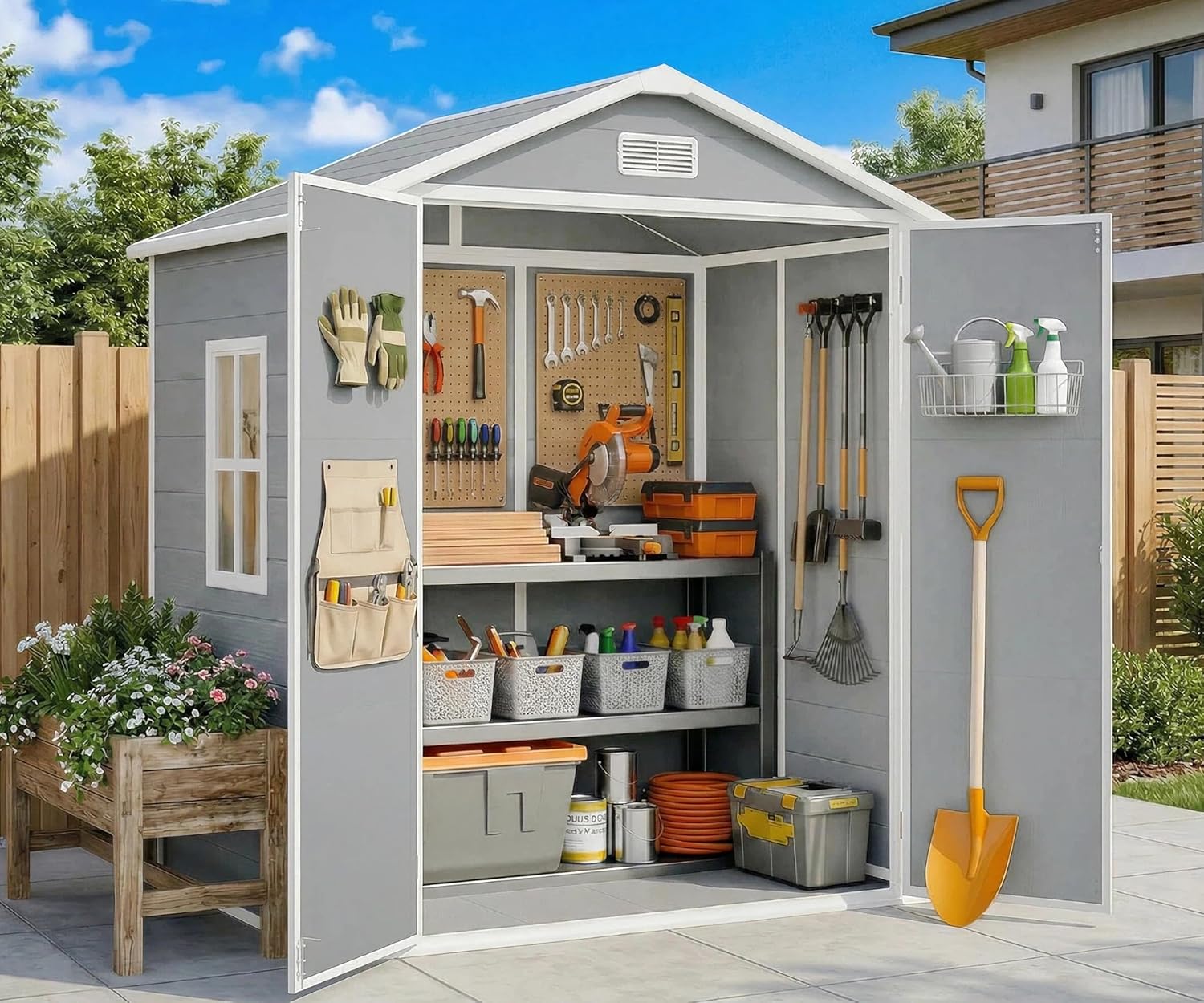 Gizoon 6x4.4FT Grey Resin Outdoor Storage Shed with Floor, Lockable Doors, Windows & UV Protection for Garden Tools
