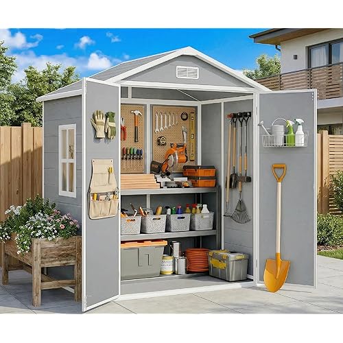 Gizoon 6x4.4 FT Outdoor Storage Shed with Floor, All-Weather Resin Garden Shed with Lockable Doors & Windows, Plastic Tool Sheds for Patio, Lawn & Garden (Grey)