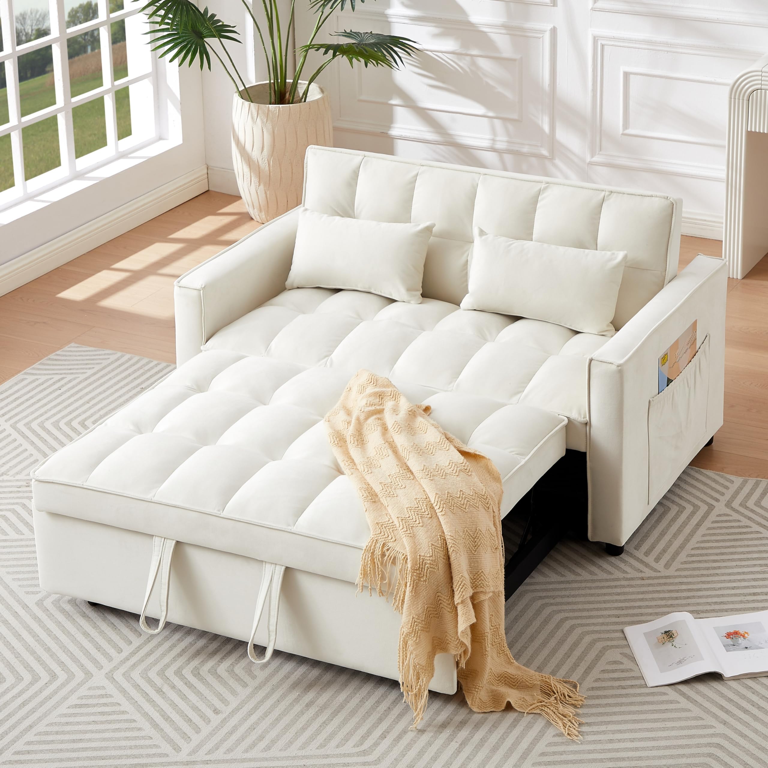 3 in 1 Convertible Sleeper Sofa Bed 54 Full Size Velvet Pull Out Futon Couch Recliner with Reclining