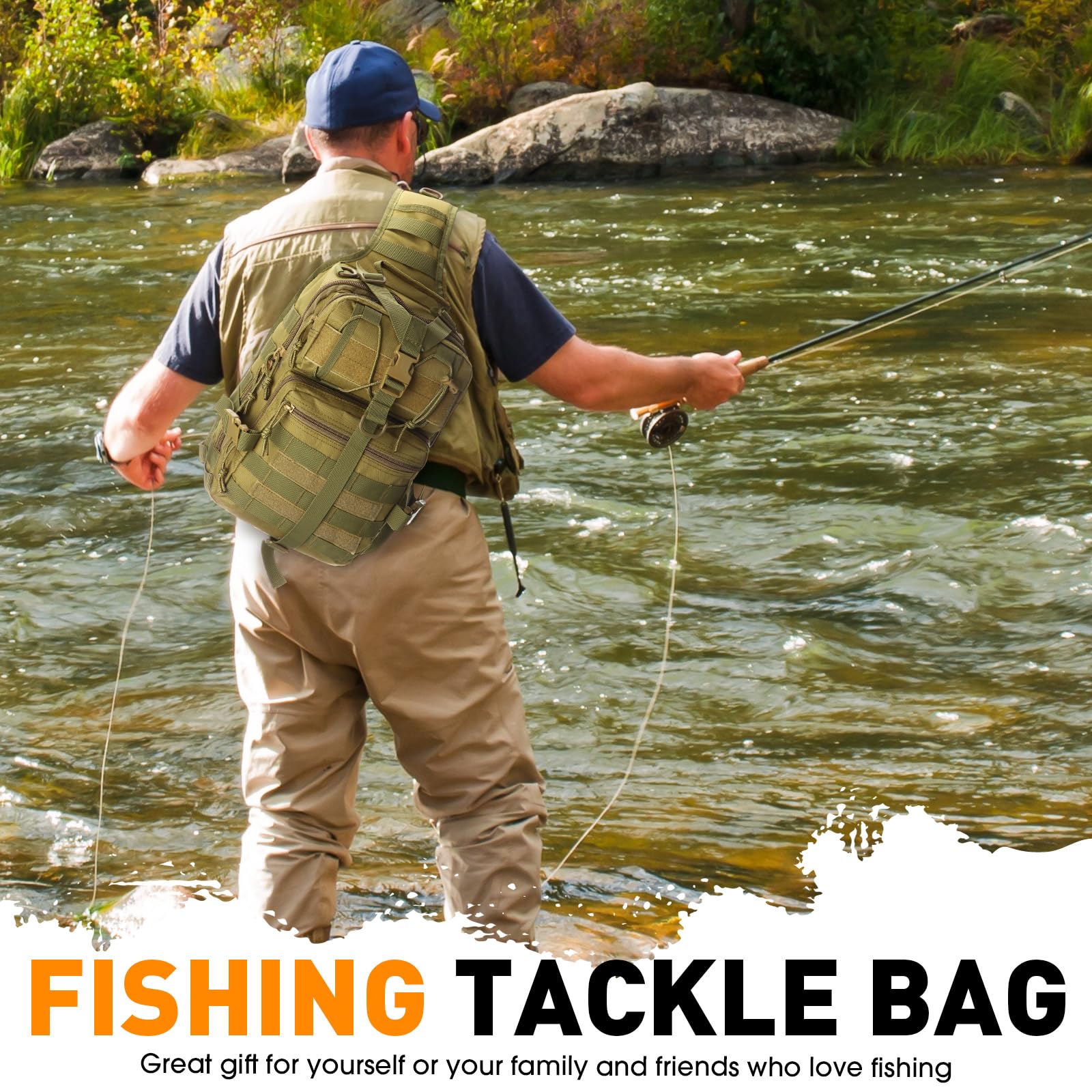 Eccliy Lot de 6 outils de pêche tactiques - Sac à dos et pinces de pêche - Boîte de rangement pour poissons - Cadeau pour homme et femme (kaki)
