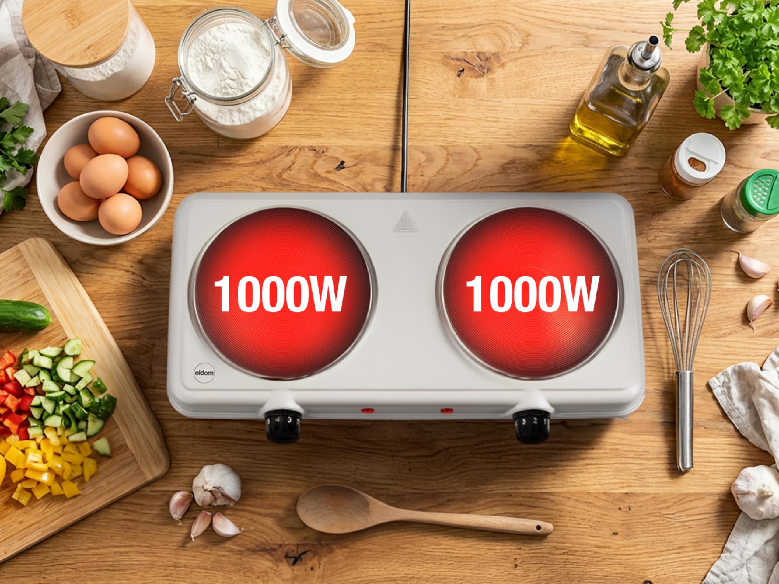 Eldom Doppelkochplatte 2000W Elektrische Kochplatte 2 Platten Tragbar mit Temperaturregelung Camping Kochfeld 2 Kochzonen 15,5 cm