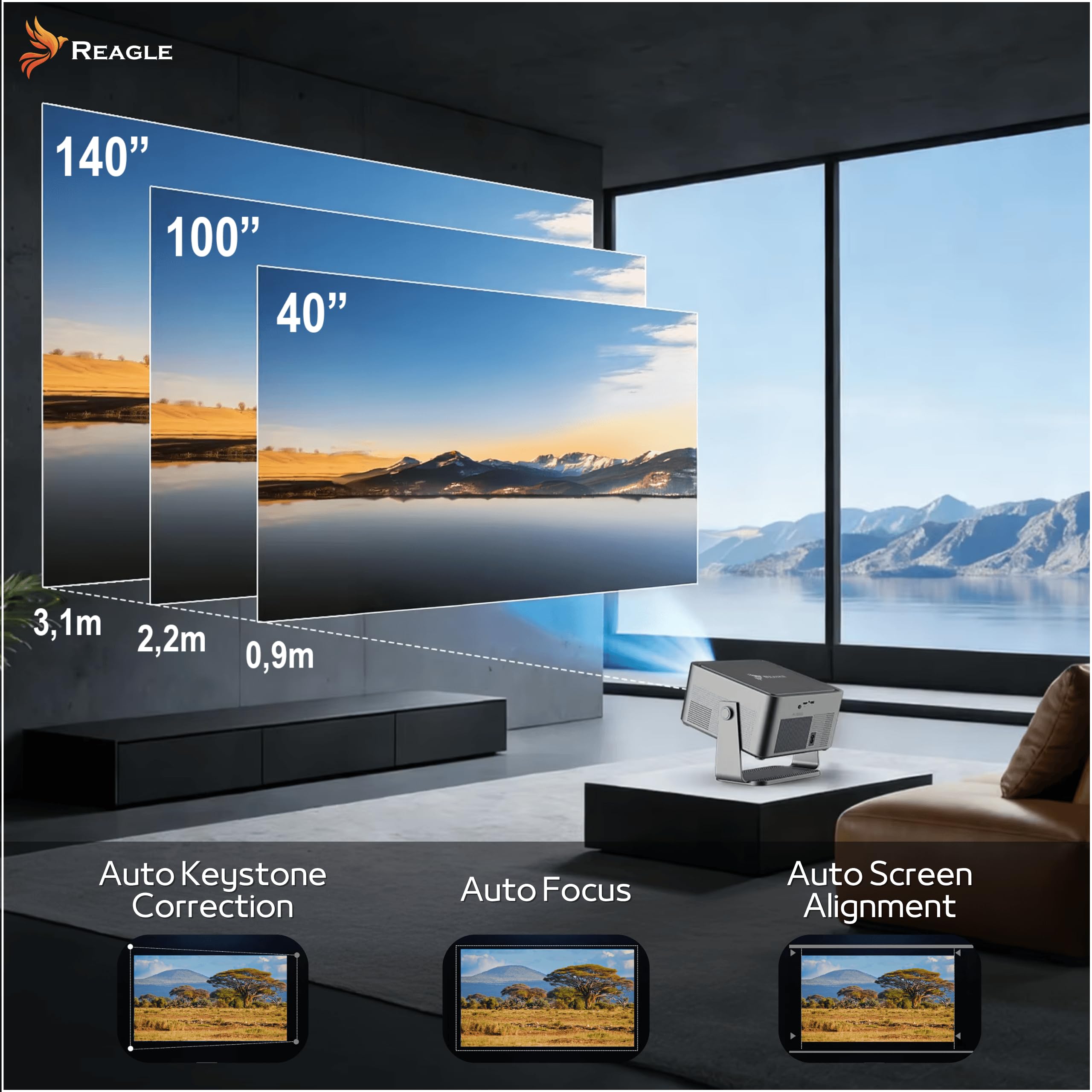 Reagle R-MOVIELUM-P70 Proiettore con Google TV Full HD 1080p 4K Upscaling 1100 ANSI LED 140 Pollici Wi-Fi 5 Bluetooth 5.1 Autofocus Keystone HDMI USB Girevole 180° Home Cinema