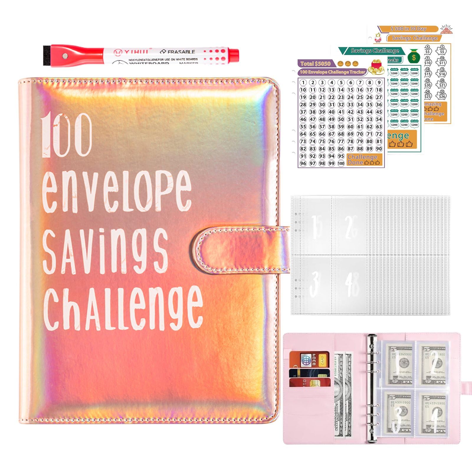 100 Envelopes Saving Challenge Binder, Budget with Cash Envelopes and Saving Tracker, Cash Stuffing Binder from 30 Days to 52 Weeks,to $500,$5,050 and