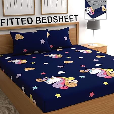 CG HOMES Elastic Fitted Bedsheets, Bedsheet for Double Bed, Bedsheet for Double Bed Elastic Fitted, Fitted Bedsheets for Double Bed, Printed Fitted Bedsheet with 2 Pillow Covers (Blue Unicorn)