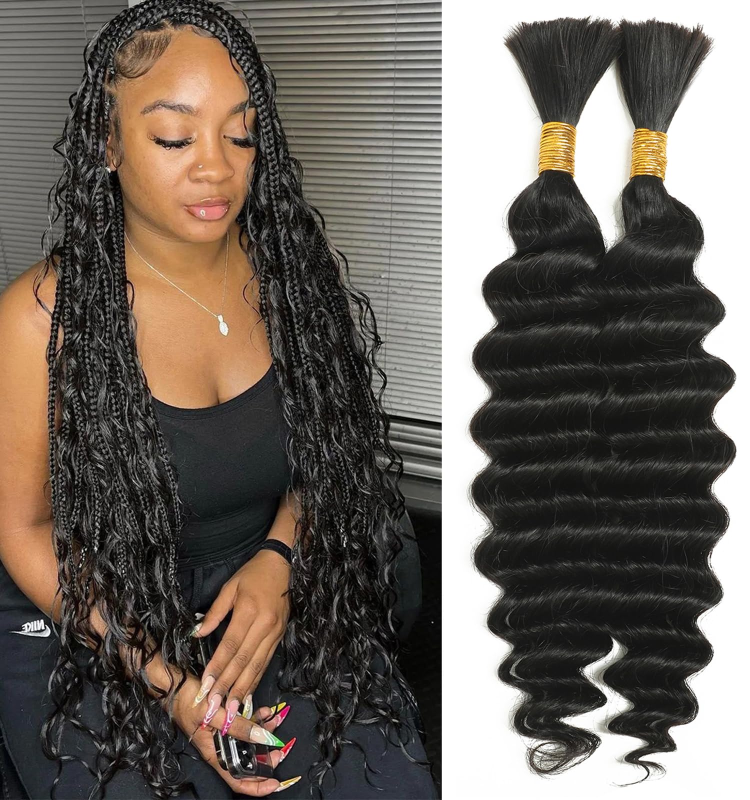 24Inch Human Braiding Hair For Boho Braids No Weft Deep Wave Bulk Human Hair for Braiding 100g 2 Bundles Human Hair Brazilian Virgin Human Hair