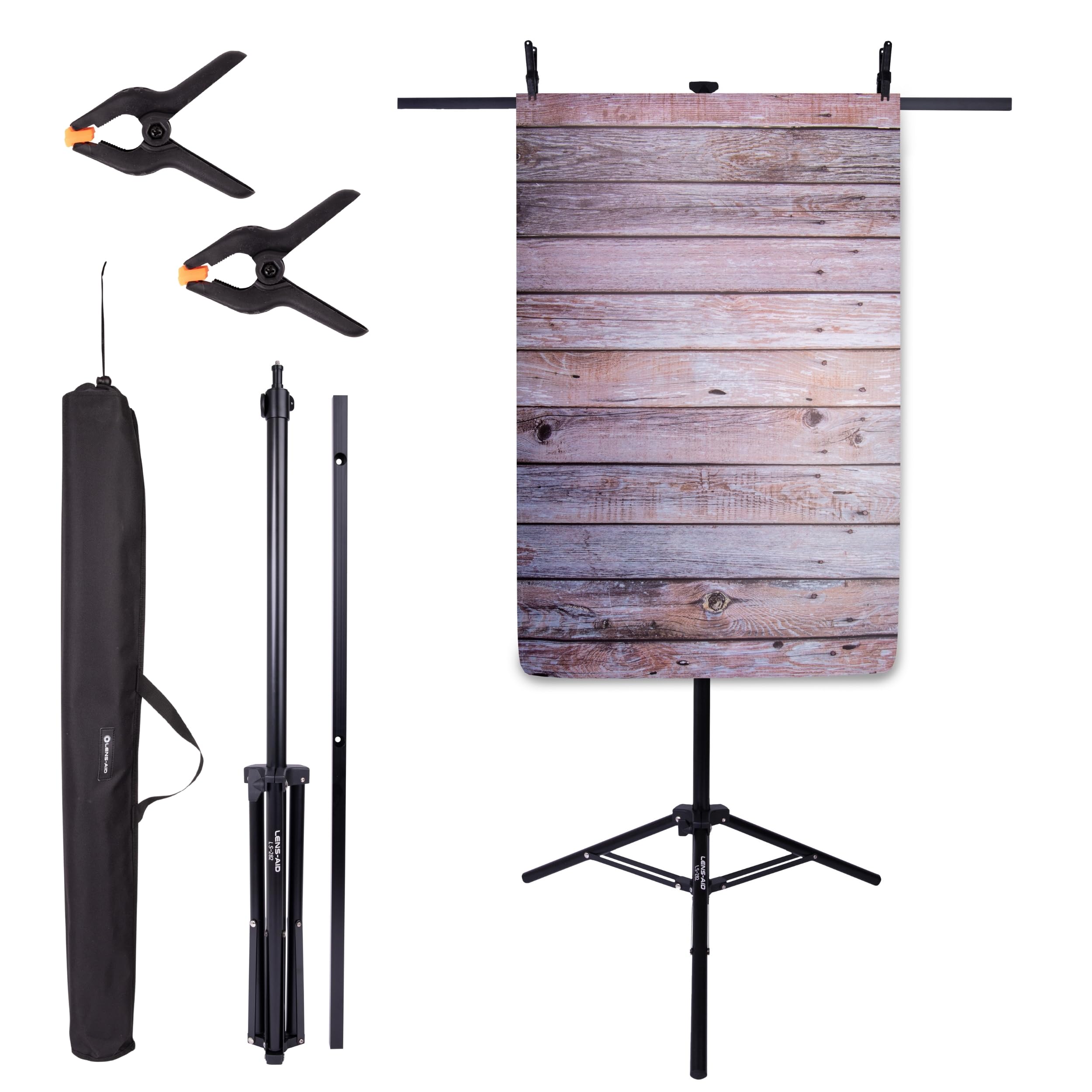 LENS-AID statyw do tﾅＢ foto Flatlay i uchwyt lampy | Poprzeczka do teł fotograficznych, wysokość 100-186 cm, kolumna 28 mm z szybkozłączem, 2 zaciski
