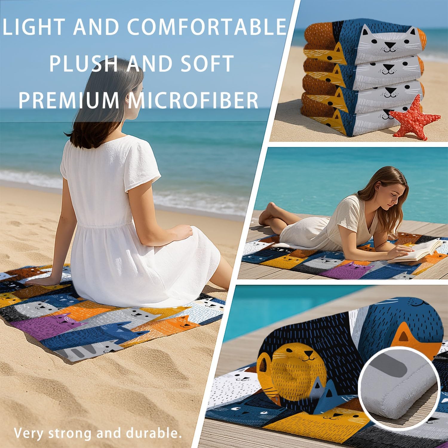 Générique Grande Serviette de Plage 230 x 210 CM,Drap de Plage Microfibre,Couverture de Plage Absorbante Rapide pour Fantaisiste, Cartoon Motifs, Épuré, Chats Rigolos Cartoon, sans Couture