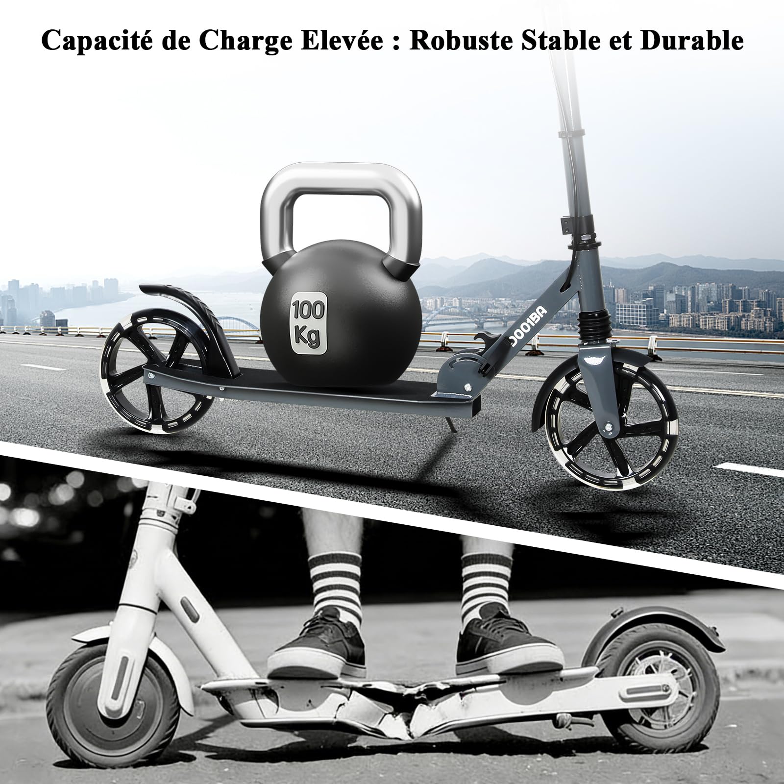 Trottinette Pliable Ado 9-14 Ans, Trottinette Adolescent avec Frein au Guidon, Trotinette Grande Roue 200MM, Trotinettes Guidon Hauteur Ajustable 3 Niveaux, Enfant/Ado 125-175CM, Charge 100KG
