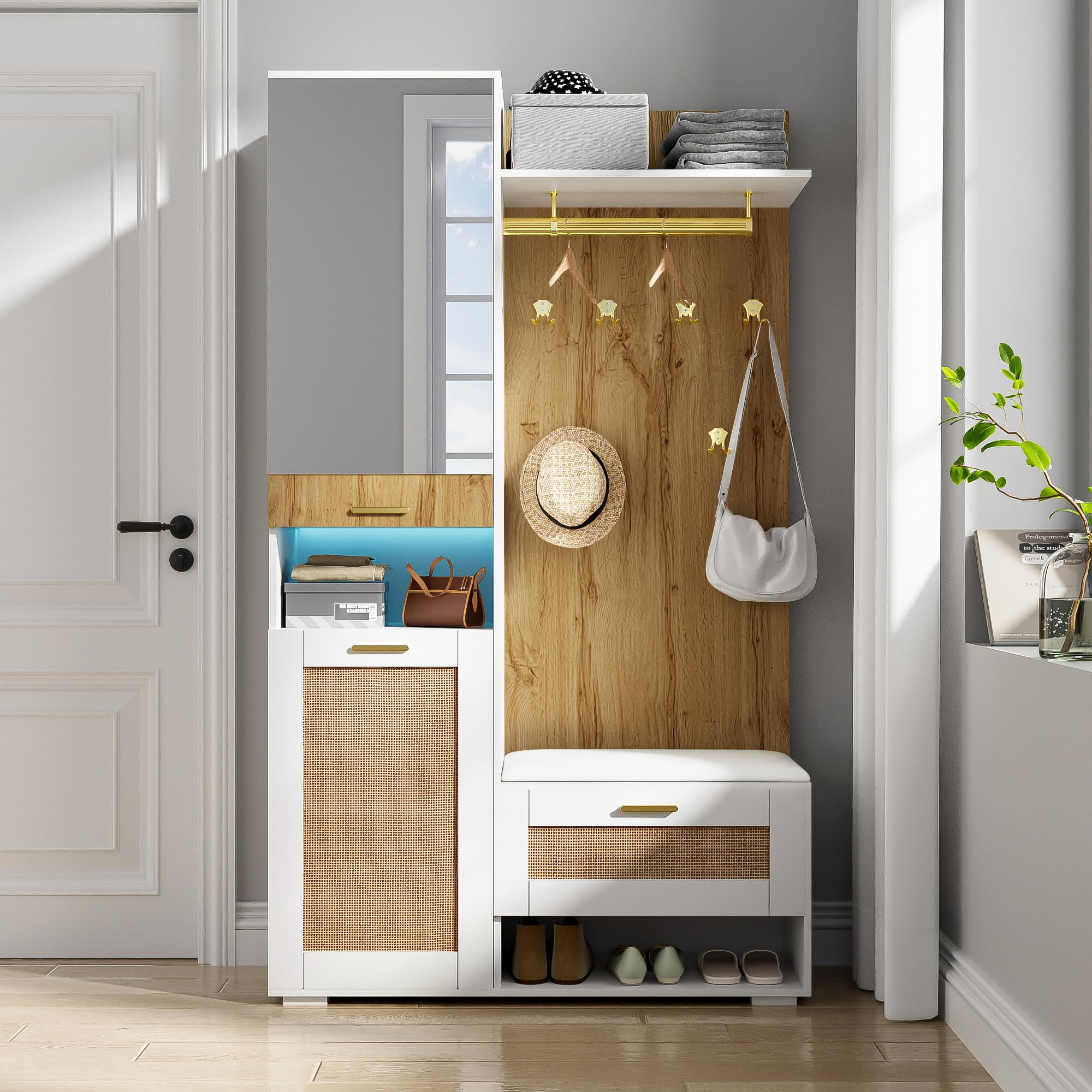 Garderobenset mit Spiegel und LED, Wandgarderobe mit Schuhbank, 110x38x190cm