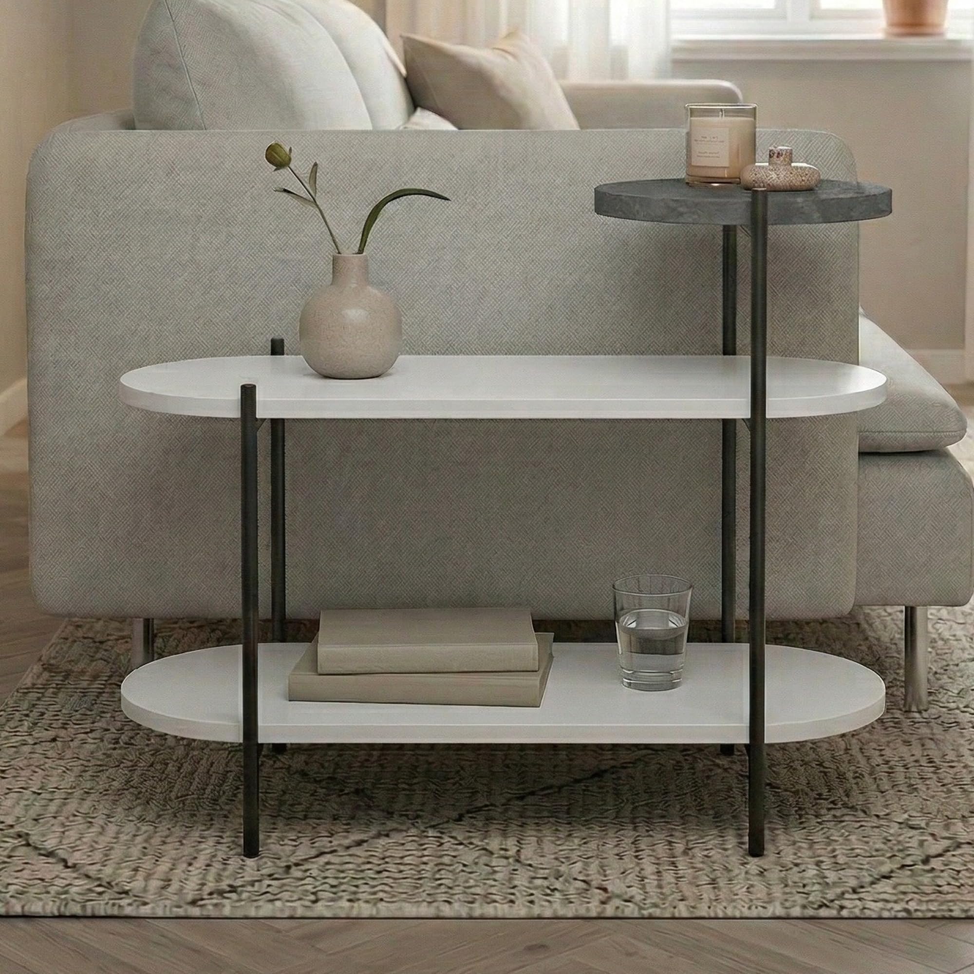 HOCUS PICUS 2-Tier Oval Side Table, Two-Tone End Table, White, Retro Grey