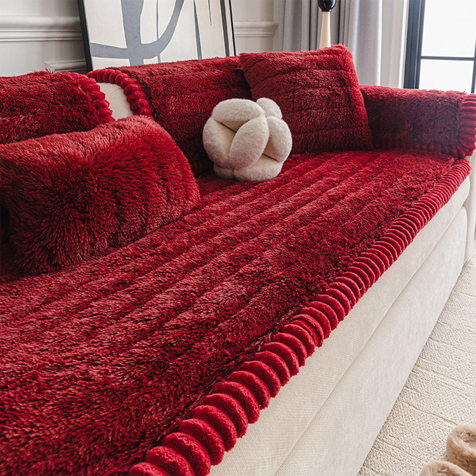 Housse de canapé en peluche fausse fourrure antidérapante et lavable rouge