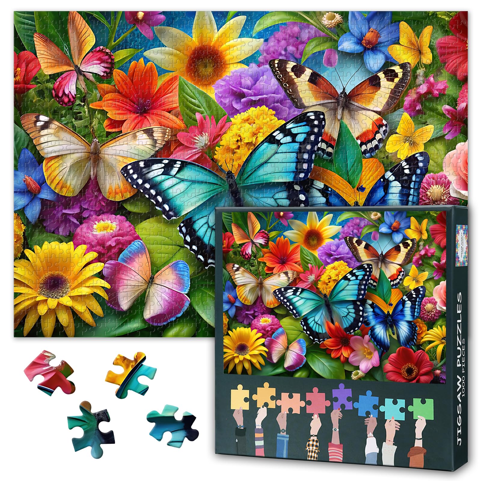 1000-piece puzzles - Colorful Butterflies Flying in a Field of Flowers, a colorful puzzle game. Easy-to-solve puzzle for adults and children ages 9 and up. Finished size: 50x70cm