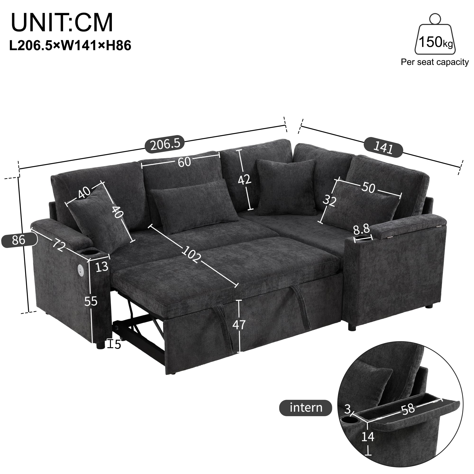 Lubvtti Divano letto 3 posti con vano contenitore,portabicchieri,porta USB, bracciolo portaoggetti e quattro cuscini,Divano angolare estensibile a L,divano 3 posti,ciniglia(D-Grigio)