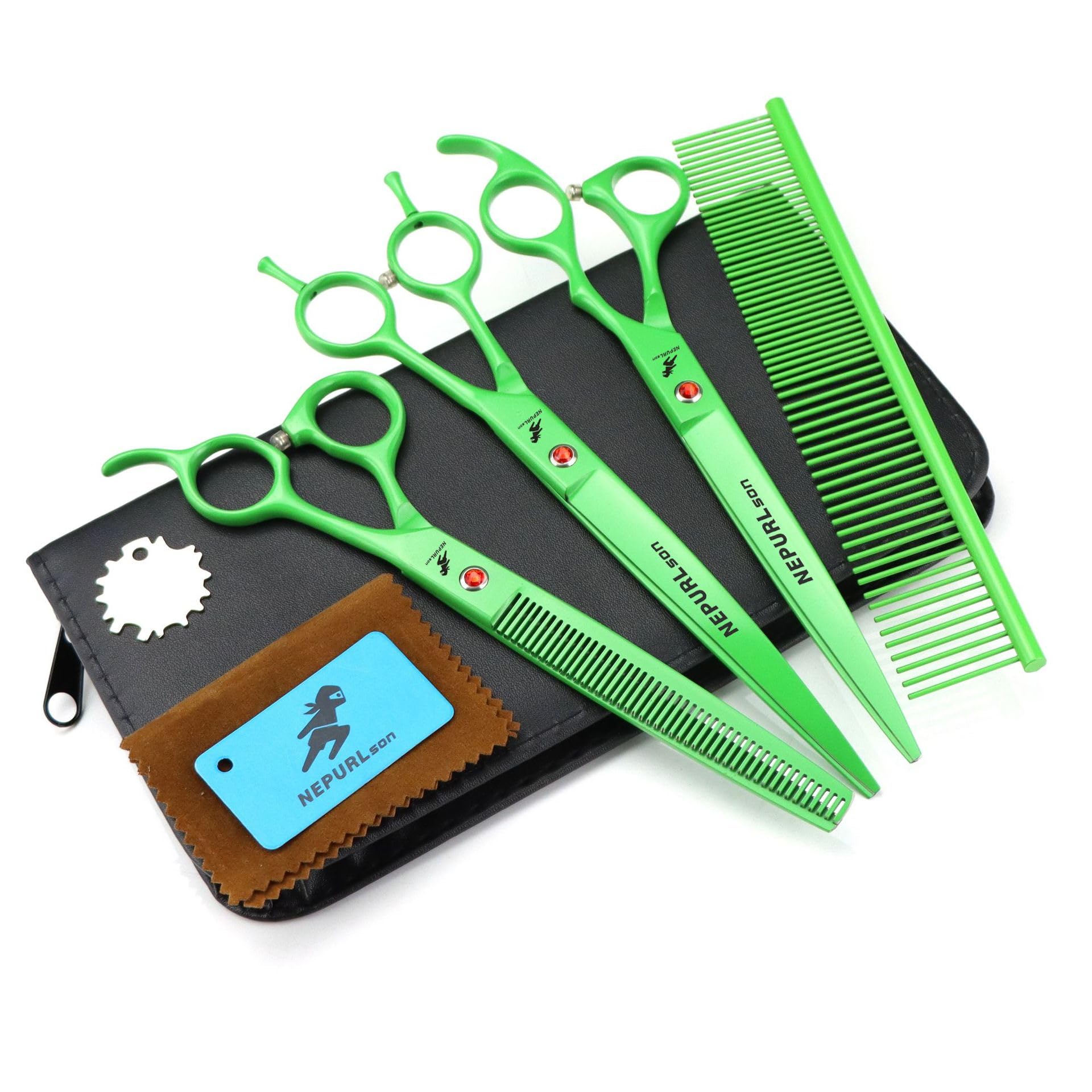 Complete Pet Grooming Scissors Set, 8.0-Inch Green 3-Piece 440C Steel Kit with Straight, Curved, and Thinning Shears for Professional Dog and Cat Styling,Grooming Comb,Thin