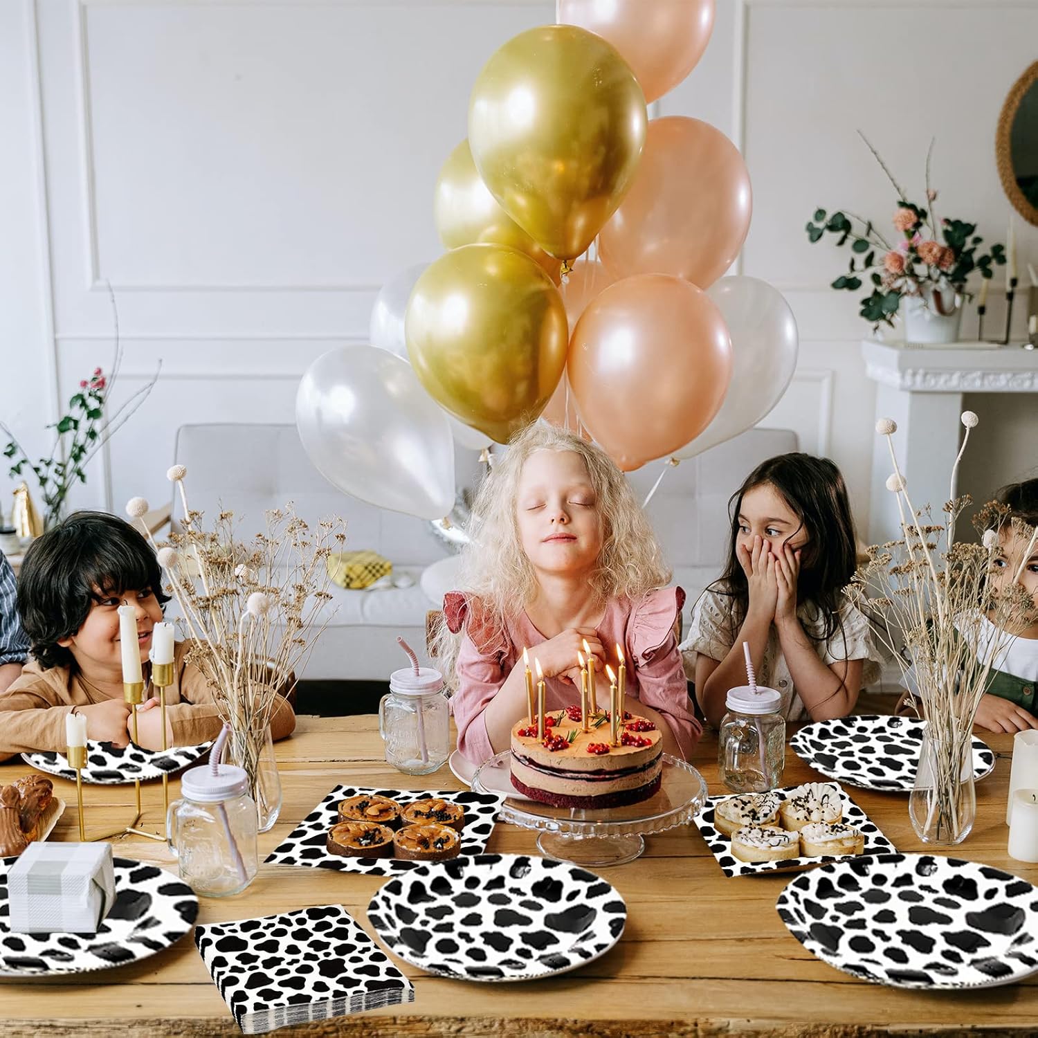 240 Pcs Cow Print Birthday Party Supplies Brown Disposable Holiday Paper Tableware 7 In Cow Print Paper Plates and Cow Print Napkins for Farm Birthday Party Supplies (Black,White)
