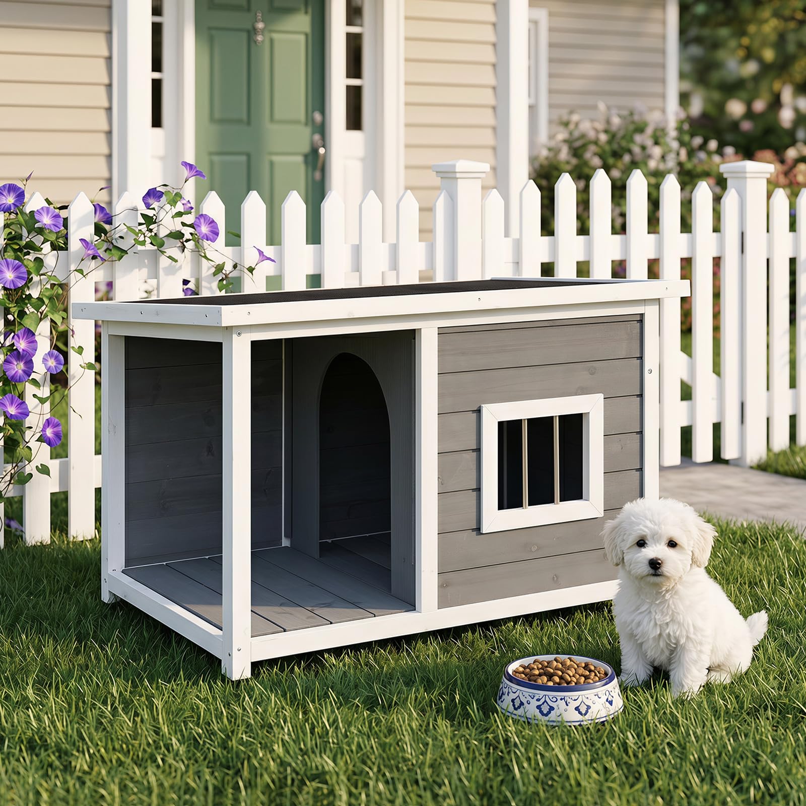 COSTWAY Casa para Mascotas Impermeable con Porche, 86 x 63 x 60 cm | Caseta para Perros con Techo de Asfalto Inclinado Abatible, Base Elevada y Ventana, Perrera Refugio para Interior Exterior
