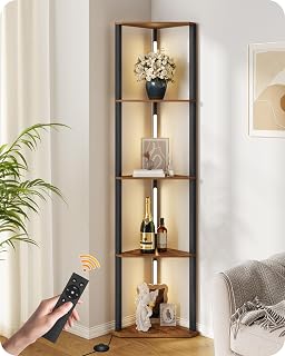 63.4” Display Shelf with Light, Modern Corner Floor Lamp with Shelves, LED Dimmable Standing Lamp with Remote for Living Room, Bedroom, Office, Adjustable CCT, Rustic BrownTriangle F55LD05