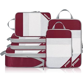Set of 6 Compression Packing Cubes Transparent Design Space-Saving Lightweight Tailored Cationic Material Portable and Durable Luggage Organiser Burgundy