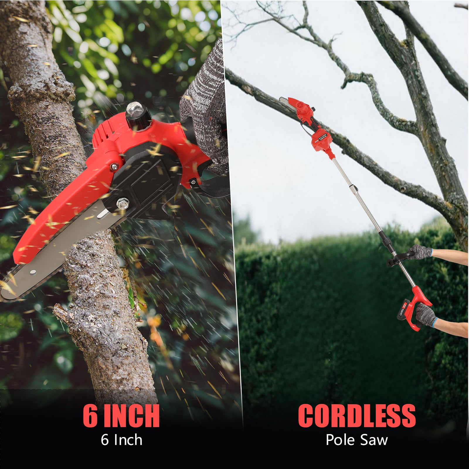 Élagueuse sur Perche 2-en-1 6 Pouces, Tronçonneuse Télescopique Sans Fil avec 2×3000mAh Batterie & Chargeur, Mini Tronçonneuse 500W avec Lubrification Automatique, Portée jusqu’à 4 m pour (Rouge)