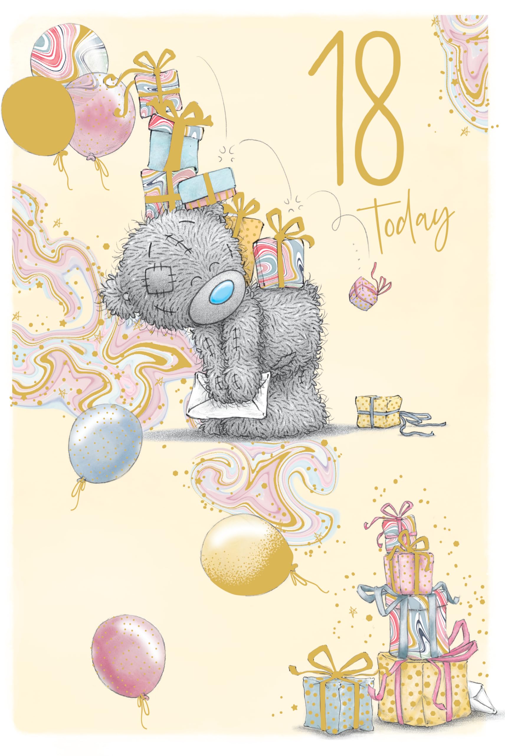 Me To You Tatty Teddy Luxury Gold Foil '18 Today' Birthday Card, Bear With Gifts And Balloons, 6 X 9 Inches - Official Collection