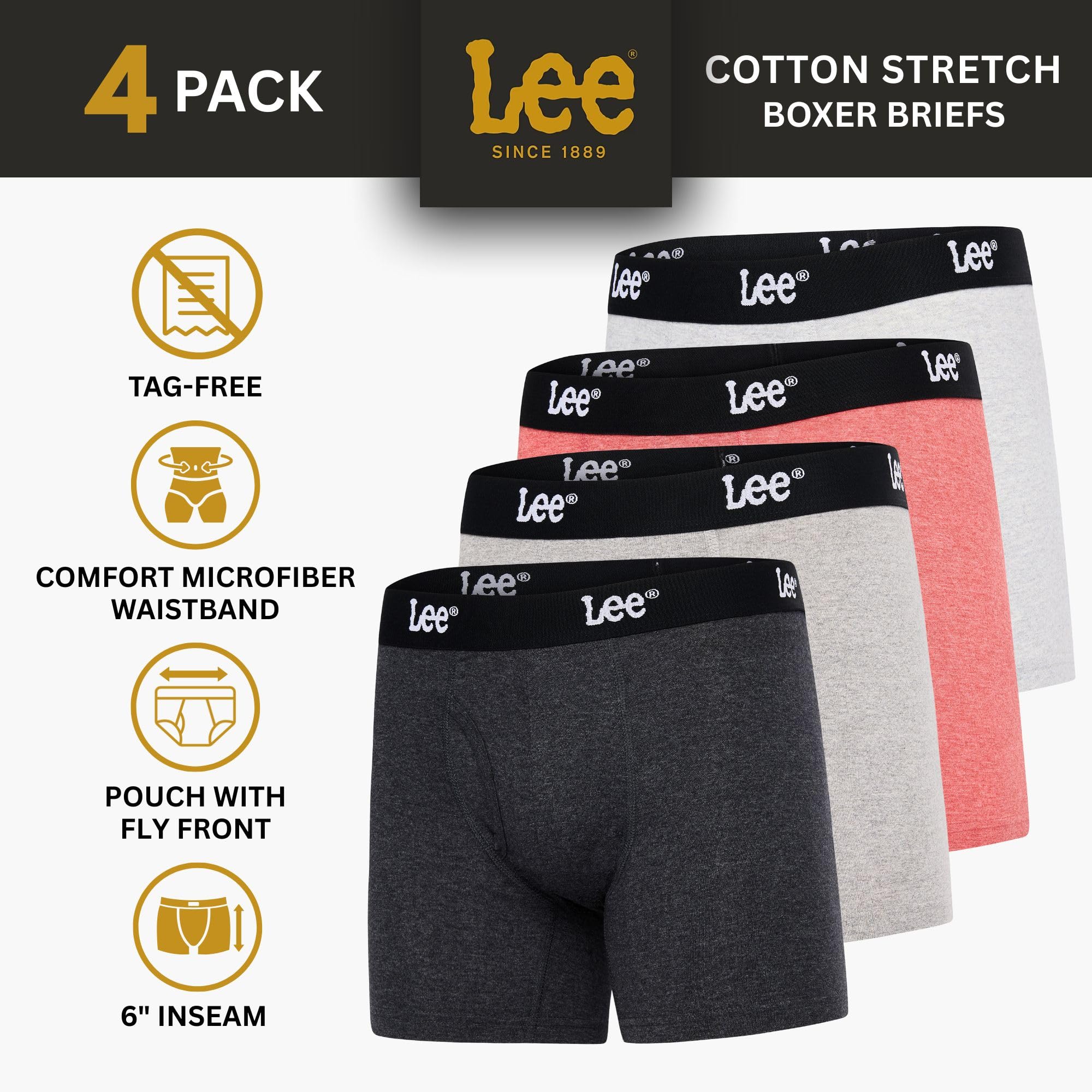 Lee Herren-Unterwäsche, Boxershorts, Baumwolle, Stretch, 4 Stück