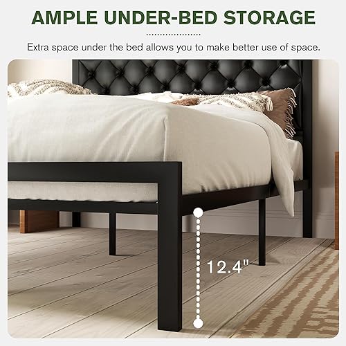 Miniatura 21 de MUTICOR Elegante marco de cama de tamaño matrimonial con cabecera tapizada de piel sintética con botones, listones de metal resistentes, Negro