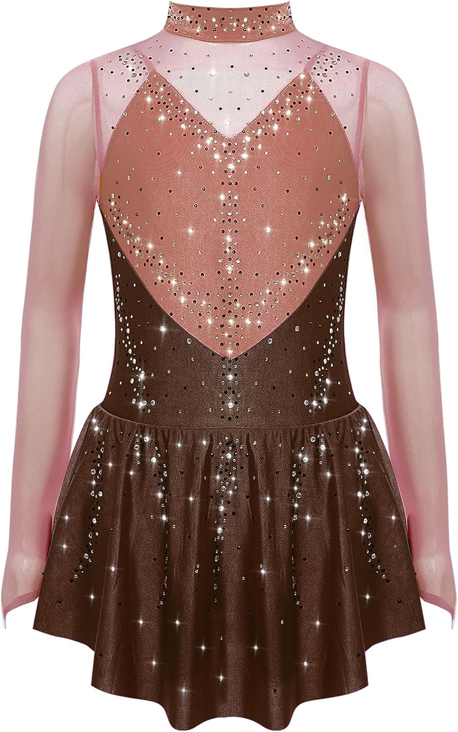 Agoky Girls Figure Ice Skating Dress Long Sleeve Sparkly Rhinestones Ballet Dance Skirted Leotard Gymnastics Outfit