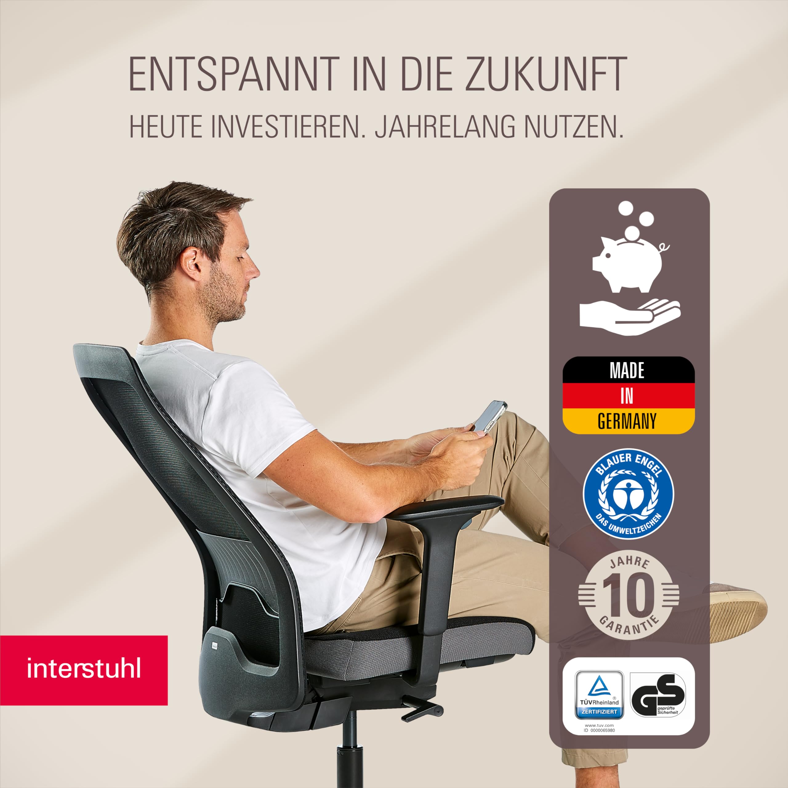 Interstuhl Style AIR + Ergonomischer Bürostuhl mit hoher Rückenlehne für große Menschen, Synchronmechanik, Made in Germany, 10 Jahre Garantie, TÜV-geprüft, belastbar bis 150kg, schwarz