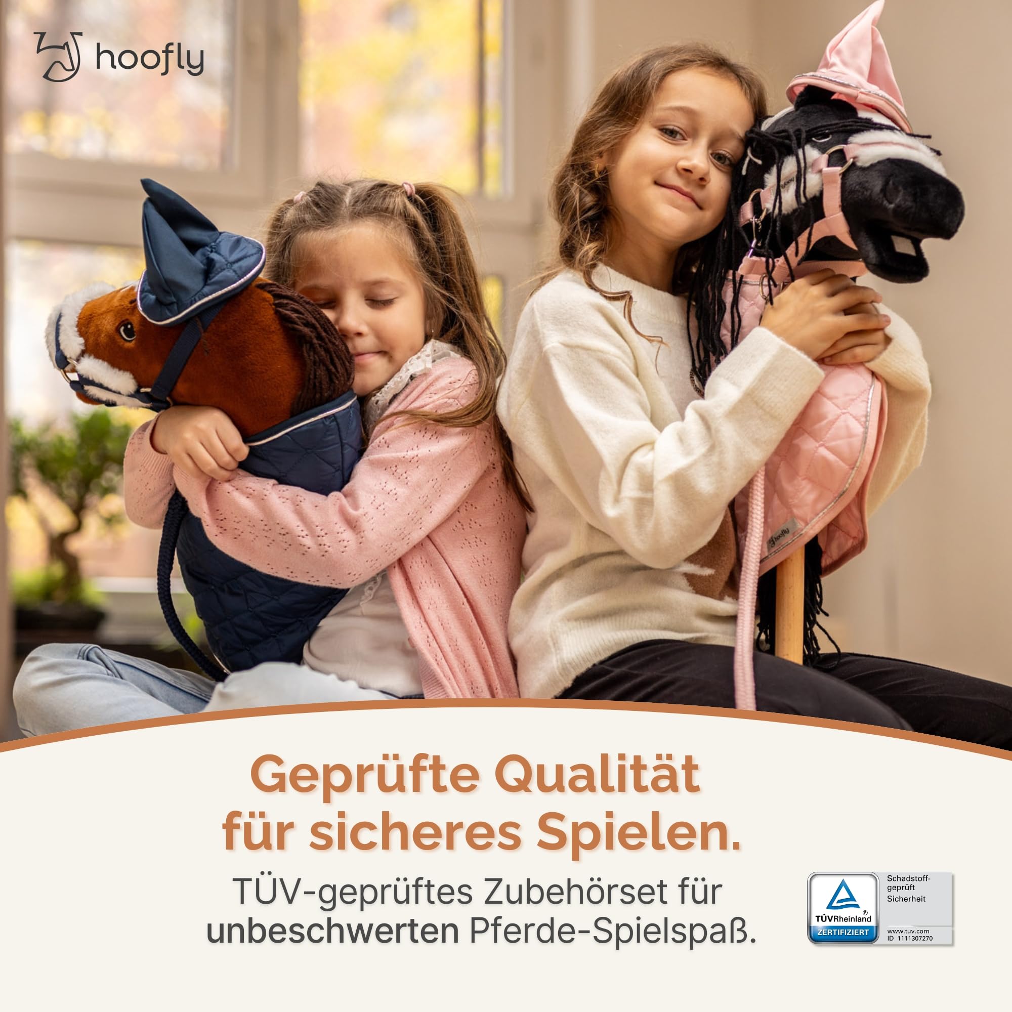 Hobby Horse Set – Großes Steckenpferd für Kinder mit Decke & Fliegenhaube | Komplettes Hobby Horsing Set mit Trense & 35 cm Schraubstab | Schwarzes Pferd – Blaues Zubehör