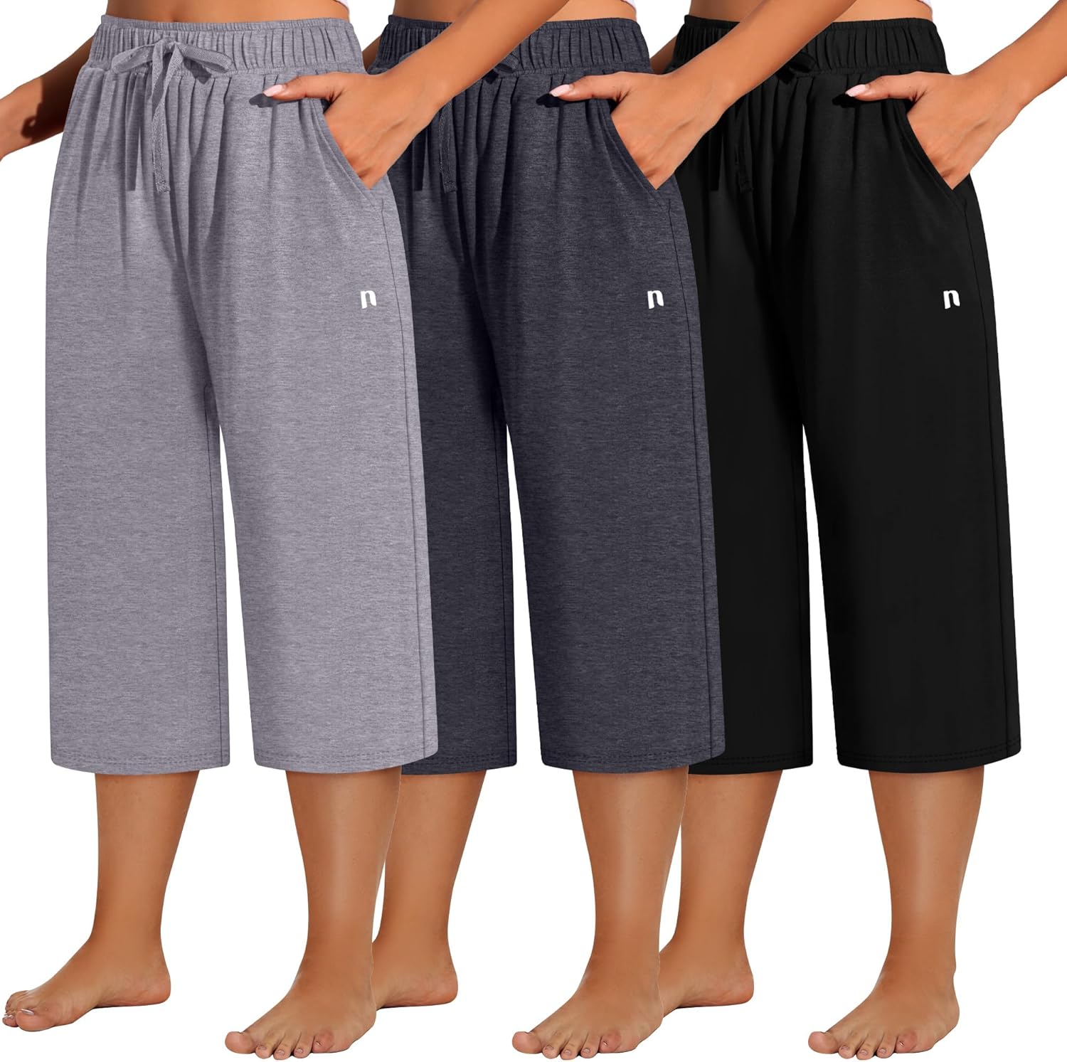 Neer 3 Pack Women’s Plus Size Capris, Cotton Wide Leg Pants Casual Drawstring Capri Sweatpants Drawstring Pants with Pockets