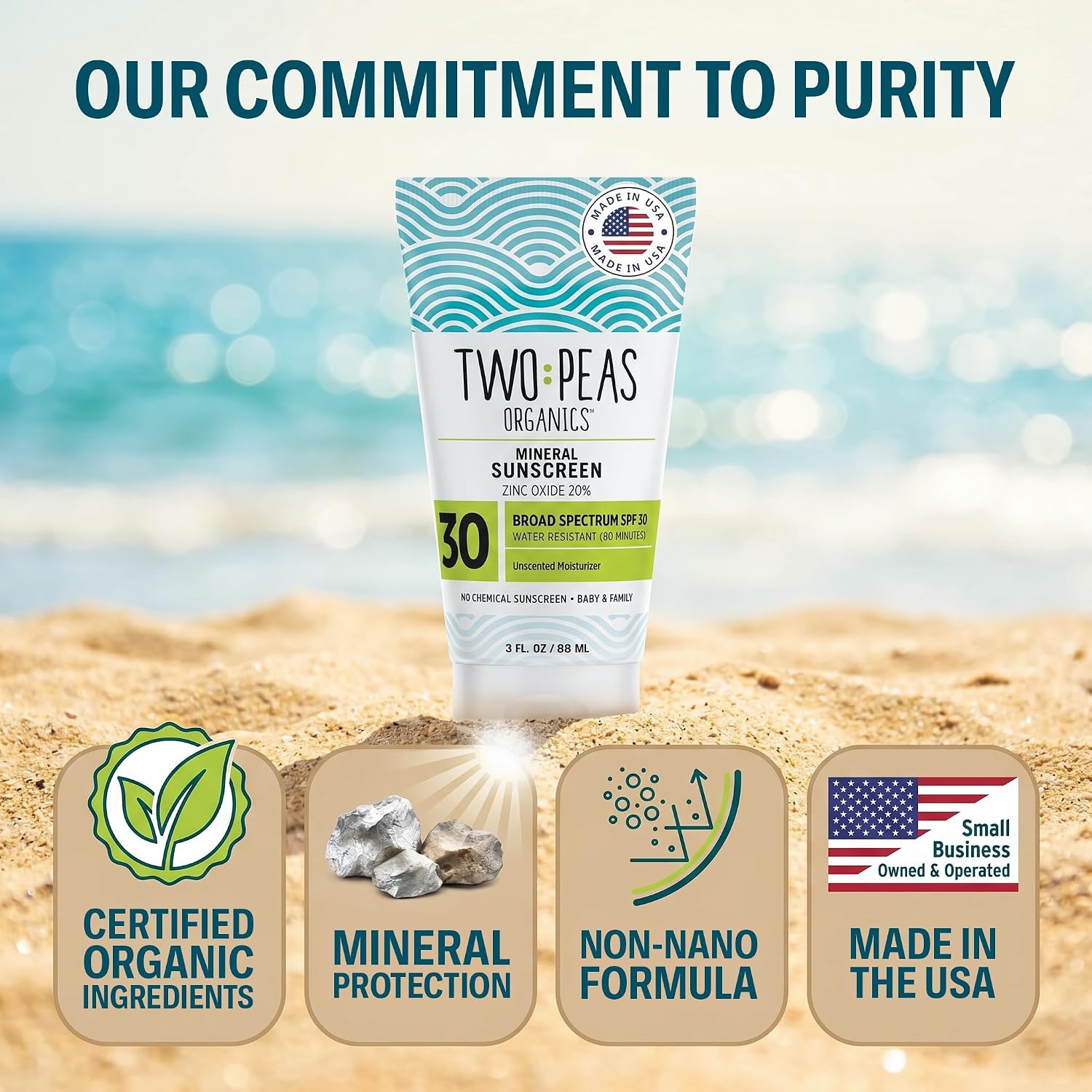 Two Peas Organics Mineral Sunscreen SPF 30 Lotion, Non-Nano Zinc, Reef Safe, Baby & Family Sensitive Skin, Water-Resistant 80 Min, Unscented, Organic & Cruelty Free, 3 oz Twin Pack