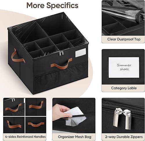 Miniatura 5 de Organizador de zapatos para armario, paquete de 2 contenedores de almacenamiento de zapatos con divisores ajustables, contenedores organizadores de