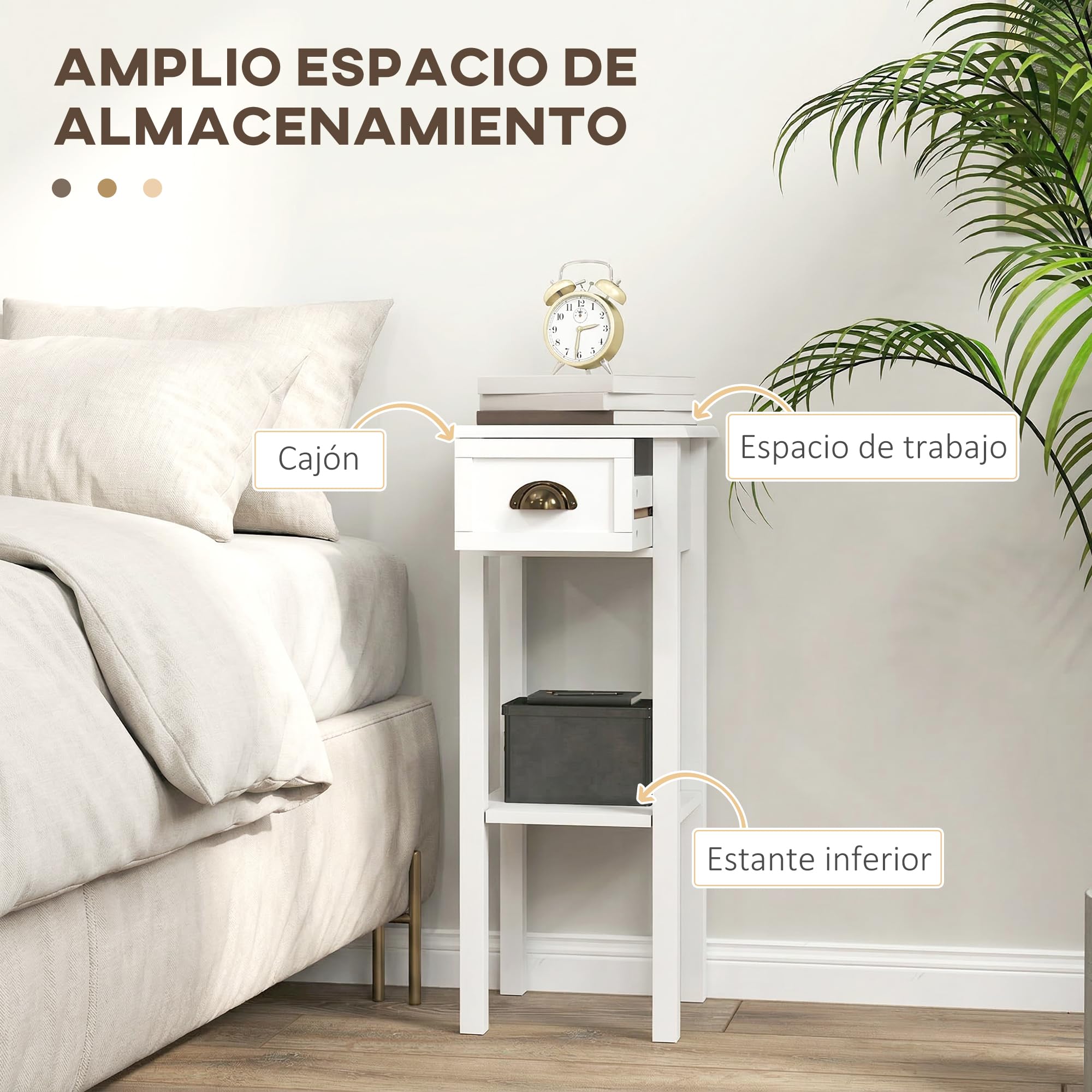 HOMCOM Juego de 2 Mesas Auxiliares Modernas, Mesas Auxiliares para Sofá, con Cajón y Estante, Mesitas de Noche para Salón, Dormitorio, 30x30x75 cm, Blanco