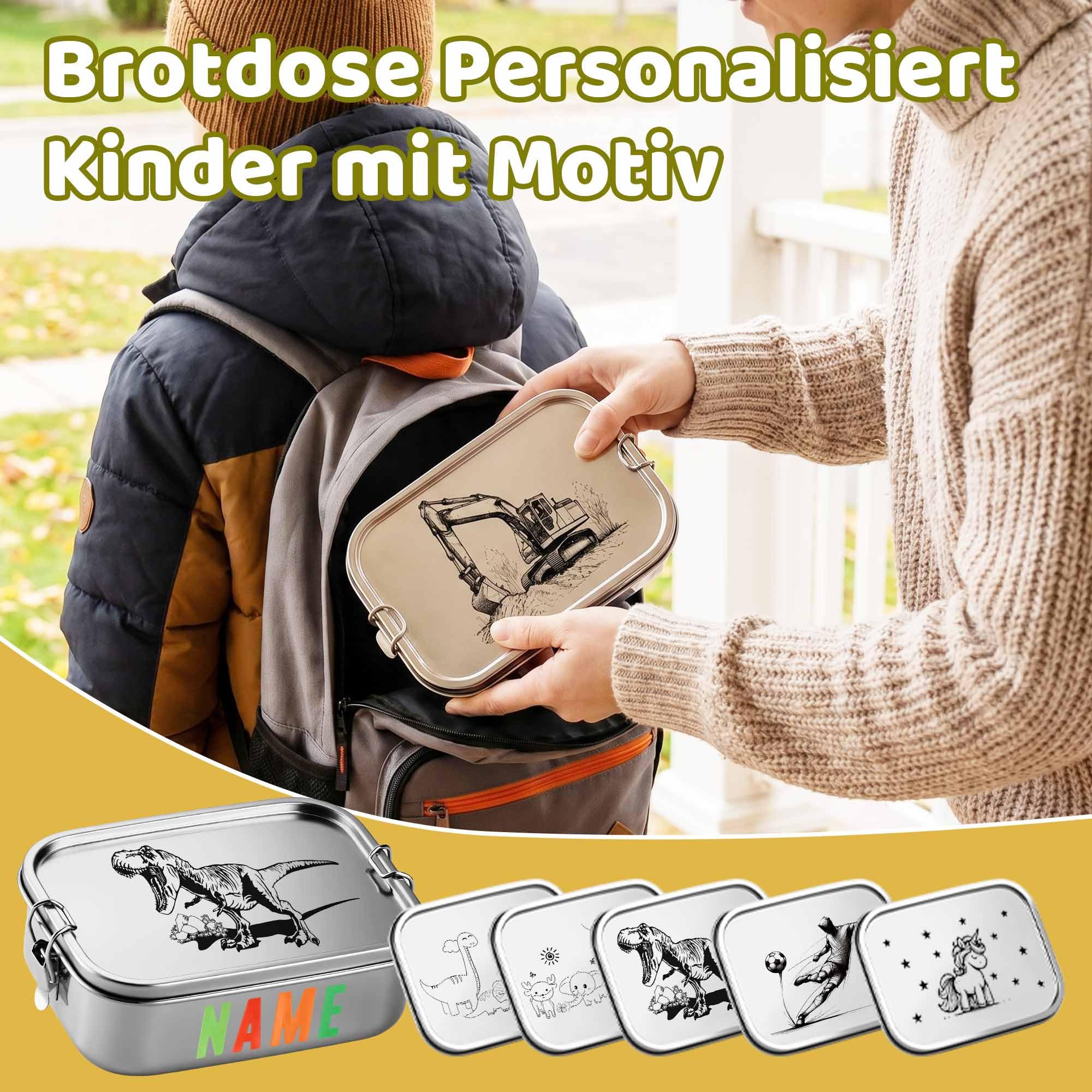 OXYEFEI Brotdose Kinder mit Fächern,Brotdose Edelstahl mit Gabel und Löffel Bunte Buchstabenaufkleber Individuell gestaltbare Namen Geschenk für Jungen und Mädchen (Dinosaurier, 1000ML)