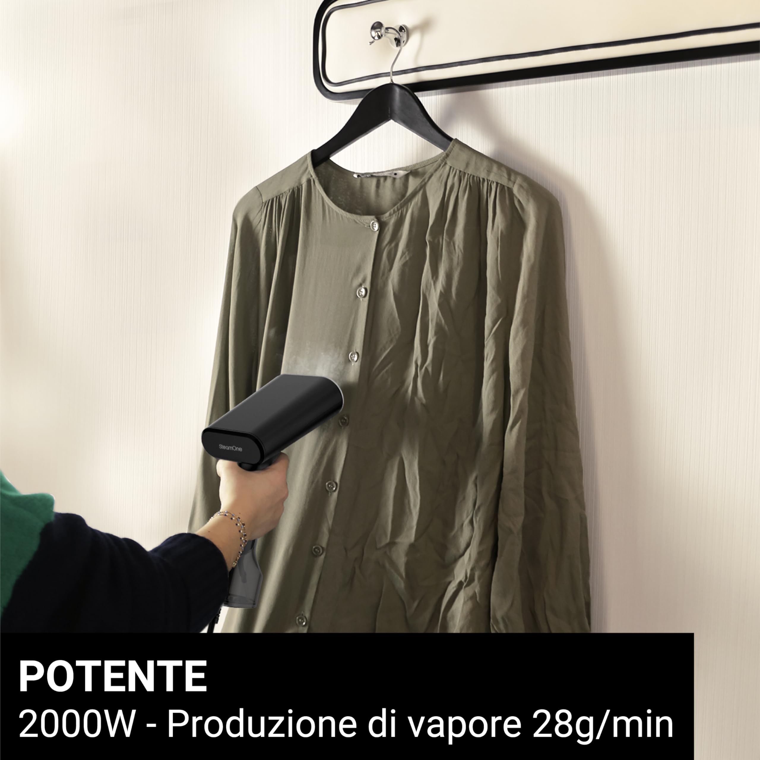 STEAMONE - Steamer Stiratore a vapore 2000 W 28 g/min - Ferro portatile - Capacità 140 ml - Elimina il 99,99% delle impurità - Pronto in 35 secondi - Cavo da 3 m - Formato compatto - EUDTC140BV2