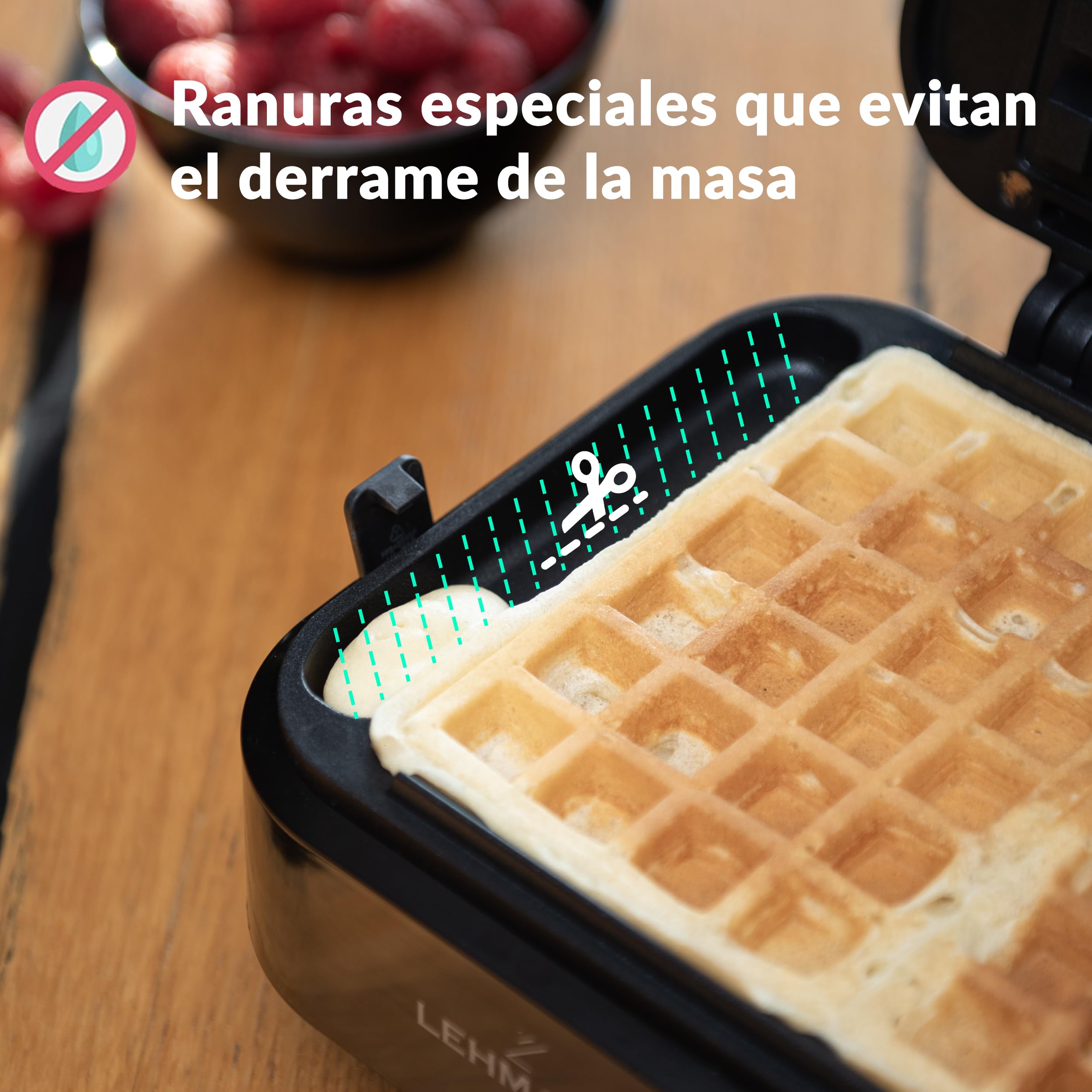LEHMANN LHOWM-1226 Gofrera Doble Eléctrica 1200W, Maquina de Waffles para 2 Gofres Belgas, Revestimiento Antiadherente, Ajuste de Temperatura hasta 240°C, Limpieza Rápida y Sencilla