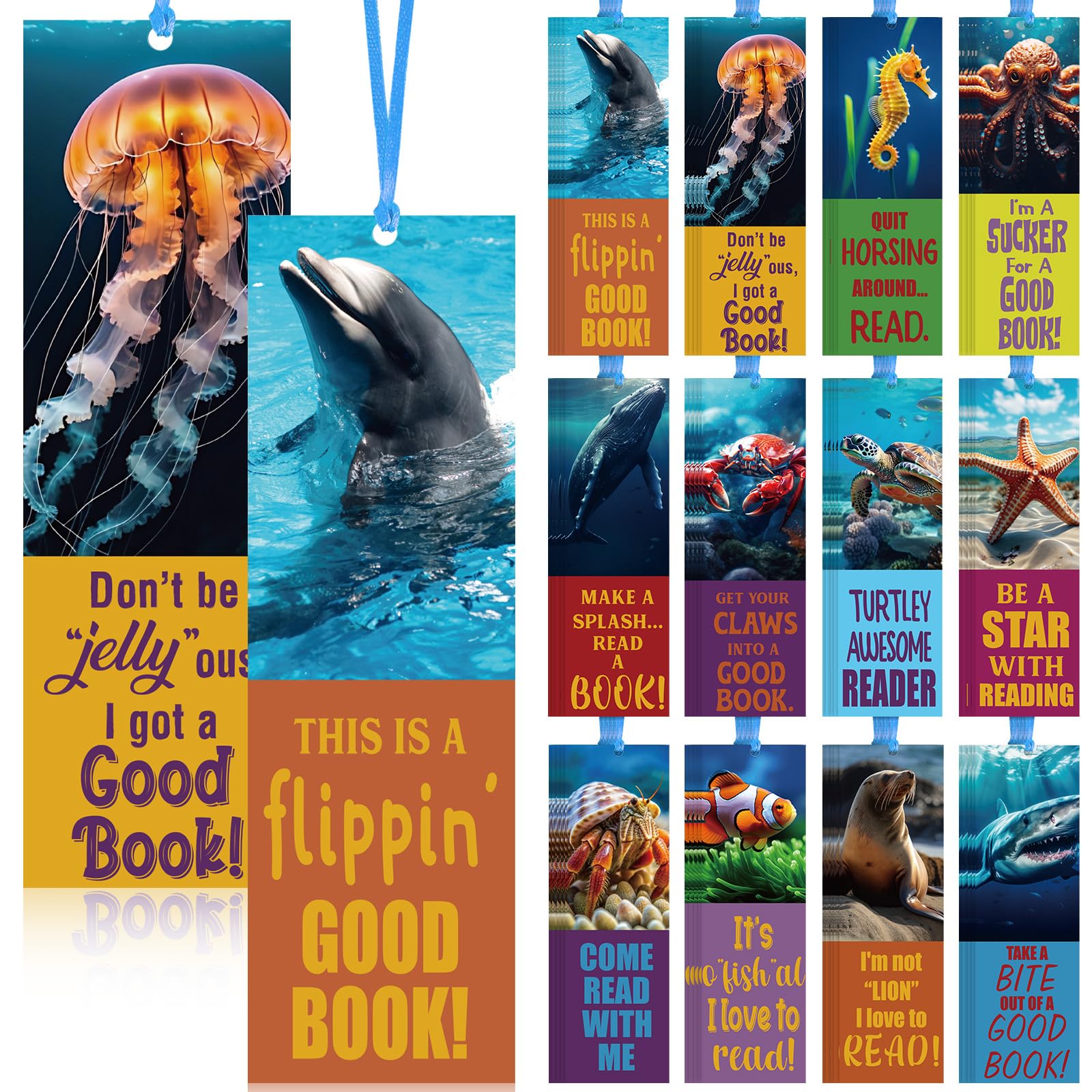 PerKoop 60 Pieces Realistic Ocean Bookmarks with Ribbon Bulk for Reading with Cute Sea Animals Encouragement Bookmarks for Students School Party