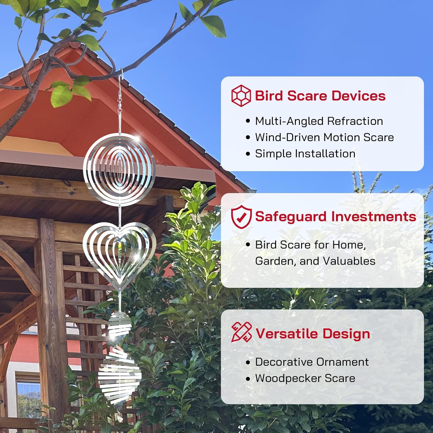 Bird Deterrents for Outside, Reflective 3D Stainless Steel Wind Spinners, Garden Decor, Bird Scare Devices to Keep Woodpeckers, Pigeons Away from Your House, Patio, Orchards - Image 2