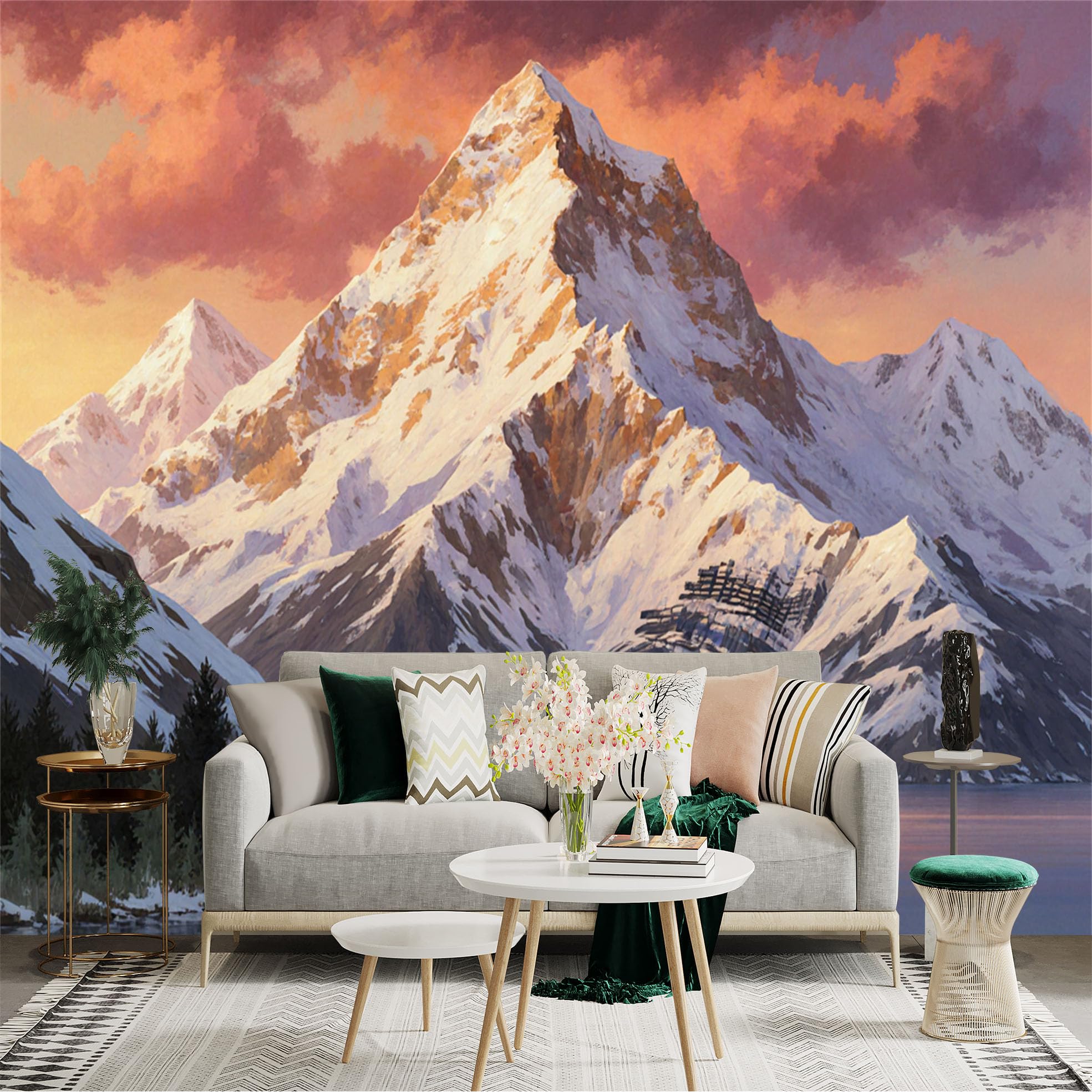Custom Size Wall Sticker Mural， Snowy Mountain Peaks with Sunset Sky and Lake Reflection， for wall Decoration， peelandstick wall Decals.