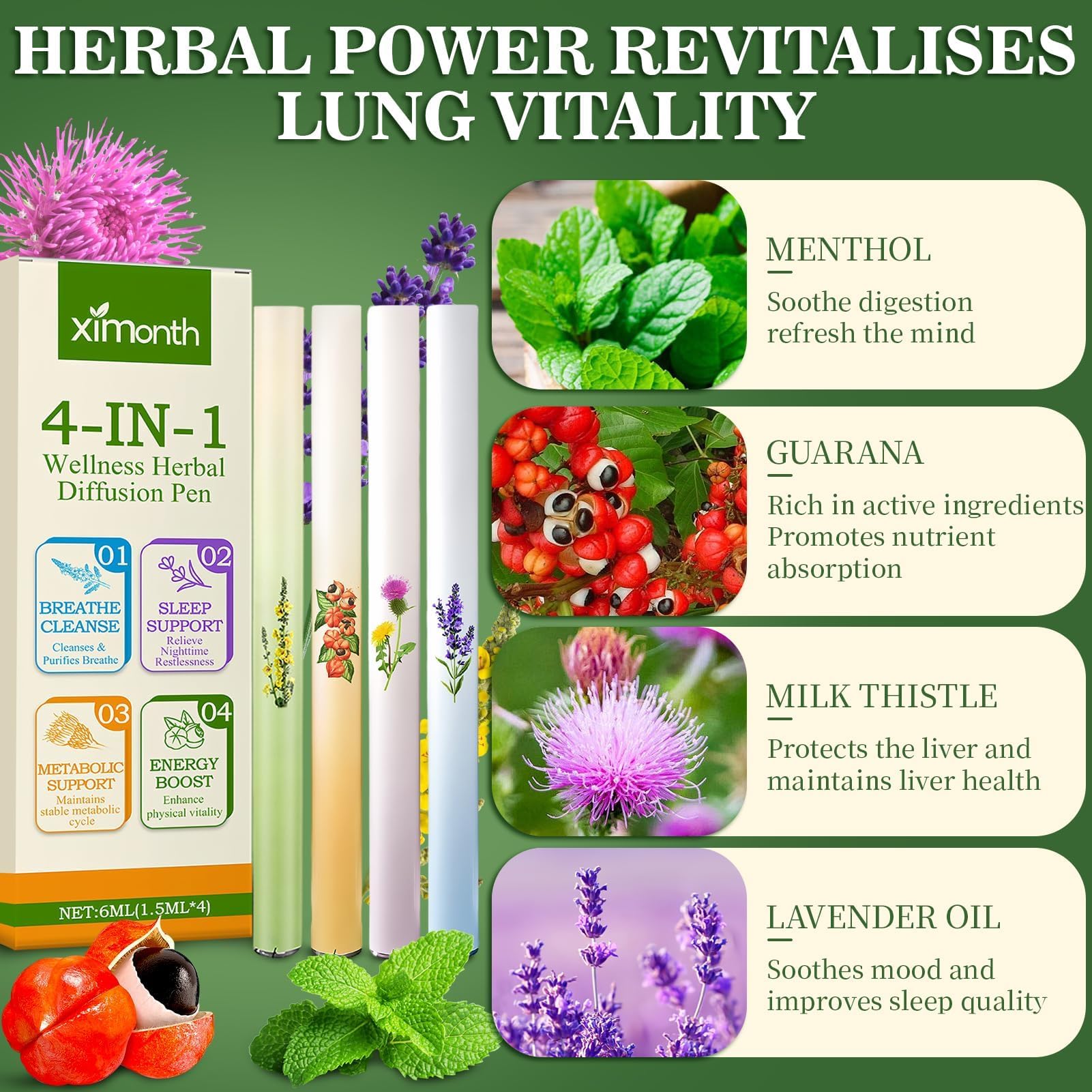 4 pezzi Purificatore Polmonare alle Erbe di Verbascum, Purificatore Polmonare Verbascum, Penna Diffusore Aggiornata alle Erbe, Aromaterapia Verbascum Pulizia Polmonare Inalatore, per Uomini Donne