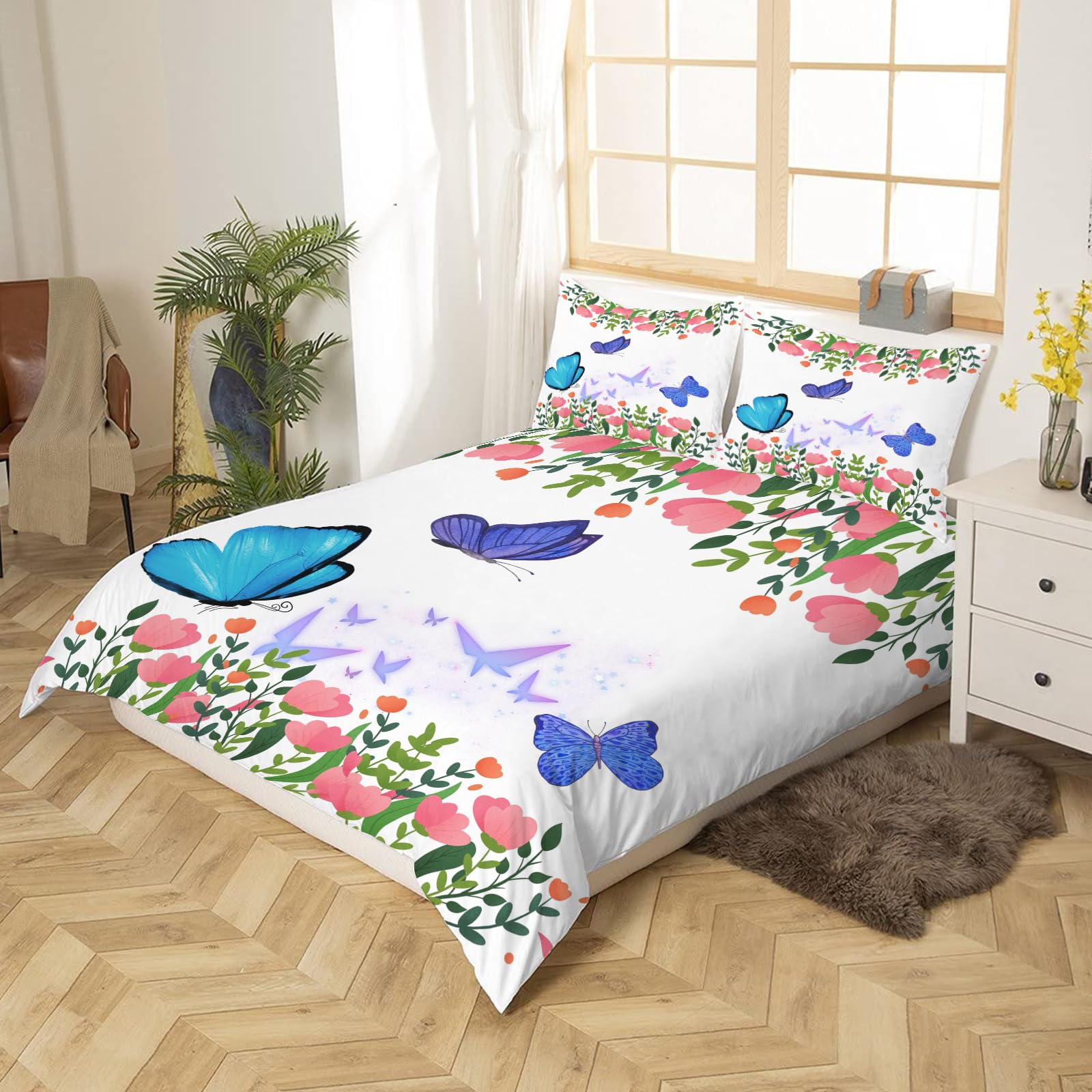 Delien Biancheria Da Letto 3 Pezzi 200x200 Cm - Copripiumino Reversibile Floreale Blu/Bianco E 2 Federe 80x80 Con Cerniera - Microfibra Morbida - 4
