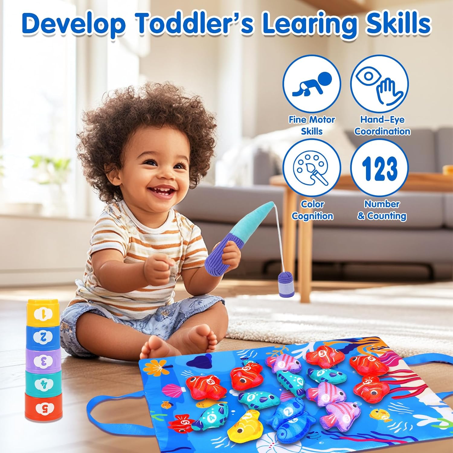Arovan Montessori Toys for 1 Year Old - Cloth Fishing Game with Stacking Cups Toddler Toys for One Year Old Boy Girl First Birthday Gift - Sorting Learning Baby Toy 12-18 Months 1 2 Year Old