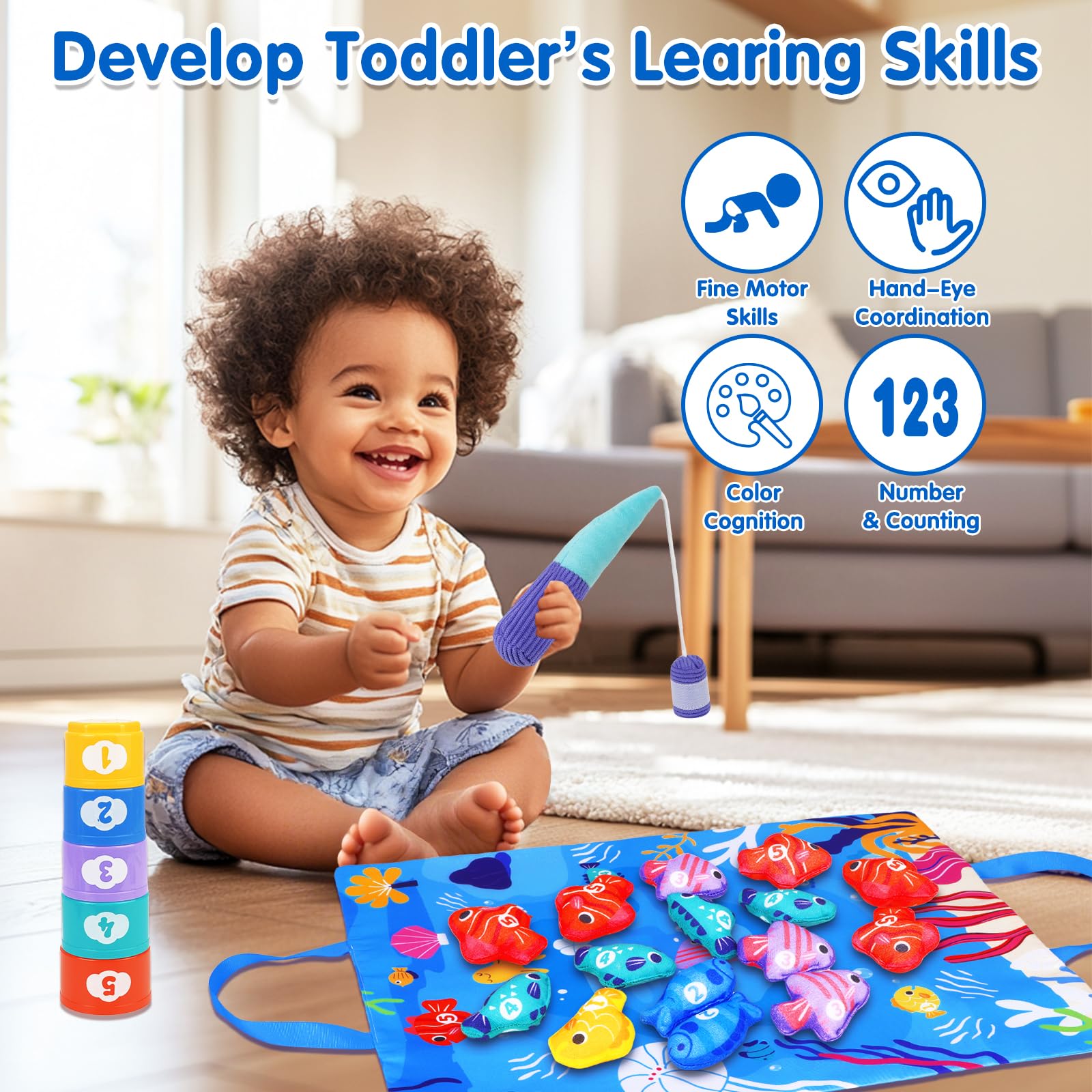 Tbintul Juego De Pesca Montessori Para Niños De 1 Año - 15 Peces De Tela, Caña Y Cubos Apilables, Juguete Educativo De Fieltro Para Bebés De 6-12 Meses
