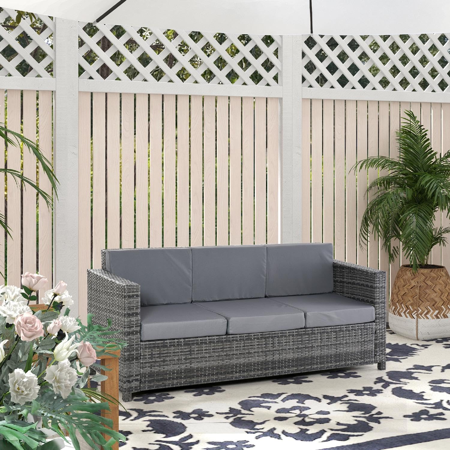 Divano da Giardino Esterno 3 Posti in Rattan PE e Metallo con Cuscini Imbottiti 185x70x80 cm colore Grigio