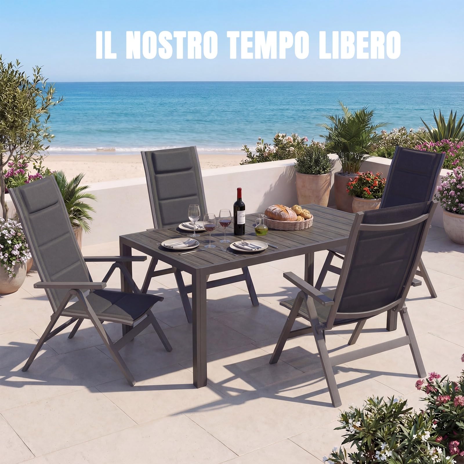 Devoko Set Tavolo e Sedie da Giardino 5 Pezzi, Composto da Tavolo 150 cm in Alluminio e 4 Sedie Pieghevoli, Tavolo da Giardino con Finitura a Vena di Legno con Sedie da Terrazza, Balcone, Grigio