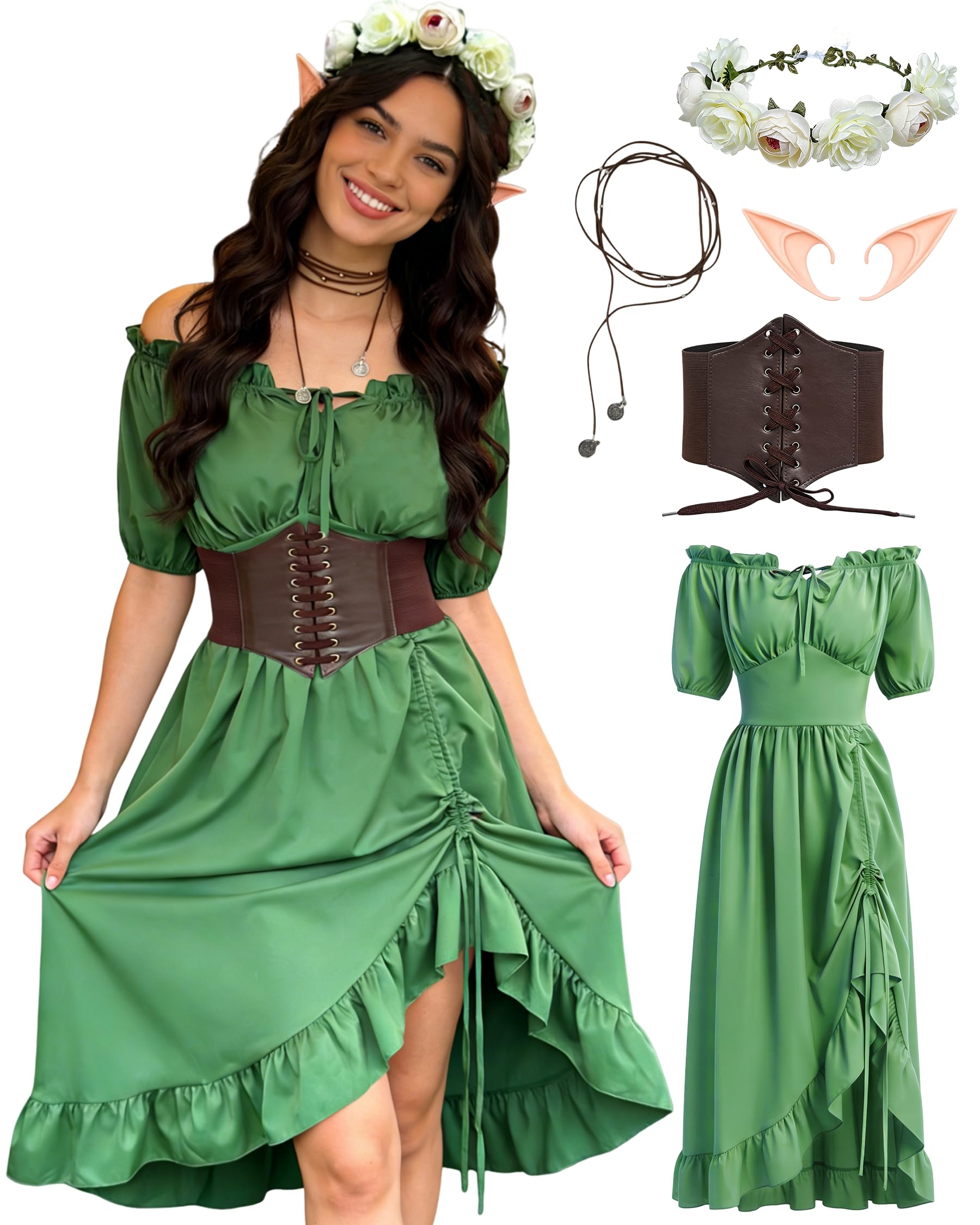 Photo 1 of minkasic Renaissance Costume Women Ren Faire Outfit Cottage Core Medieval Corset Green Red Dress With Accessories 5PCS Green S