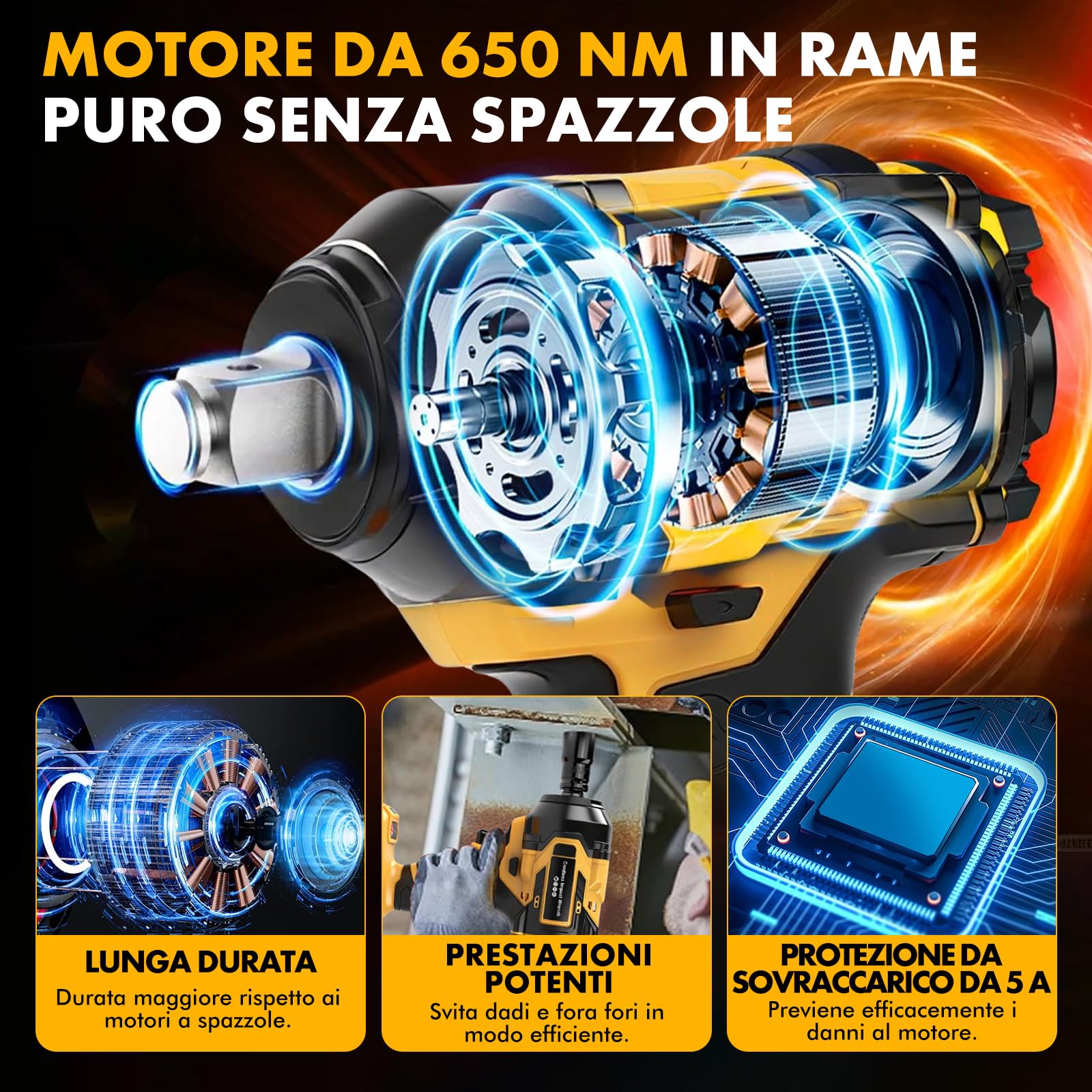 Victool Avvitatore a percussione, Avvitatore a Impulsi 650 N.m con Batteria 2 x 4,0 Ah, 6 Bussole, Luce LED, Senza Spazzole 1/2", avvitatore a percussione ad alta coppia per Auto Casa fai da te