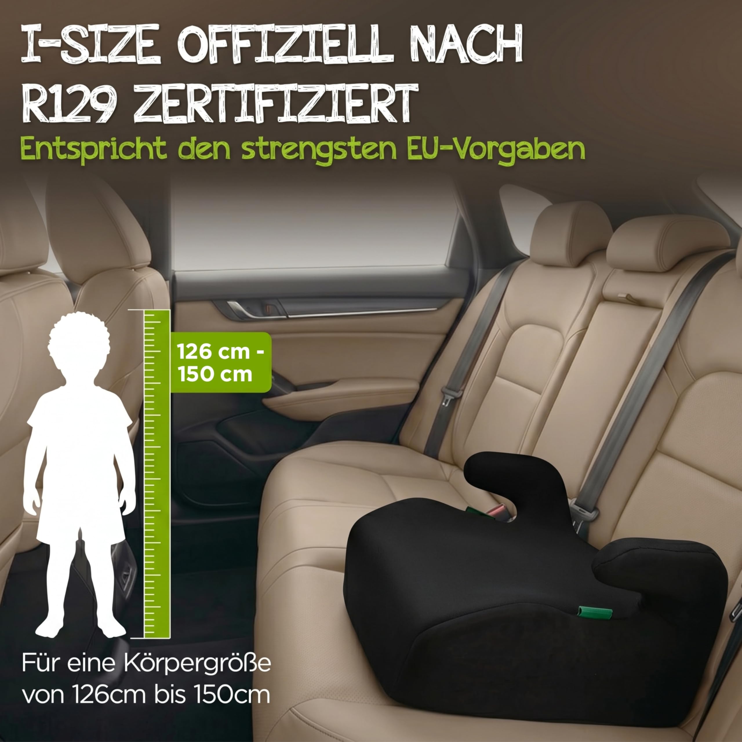 Kindersitz fürs Auto (Schwarz) – Kindersitzerhöhung für Kinder von 126-150cm – komfortabel und sicher durch geprüfte Sicherheit nach Norm R129 – kompakt und unkompliziert