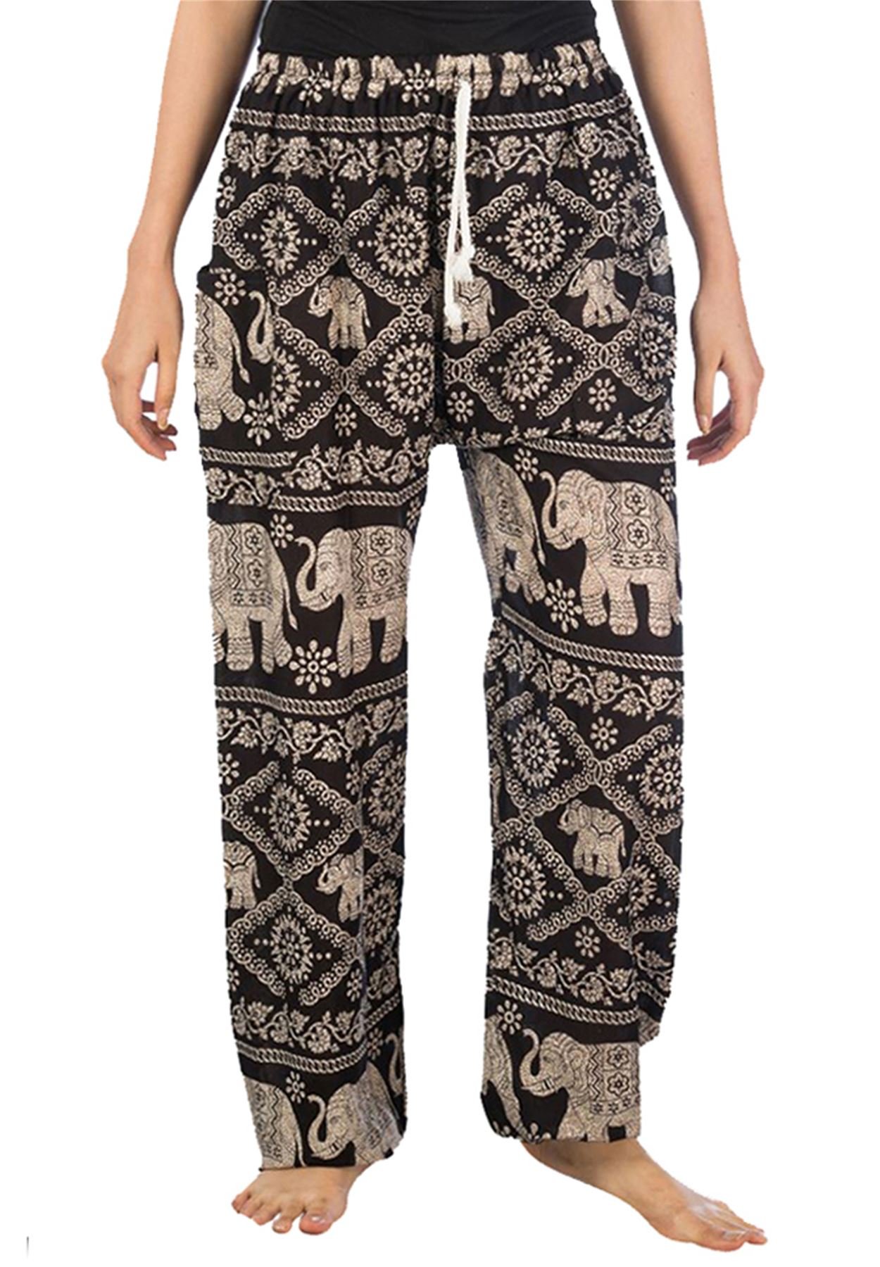 Lofbaz Women's Thai Elephants Drawstring Harem Boho Pants Black L
